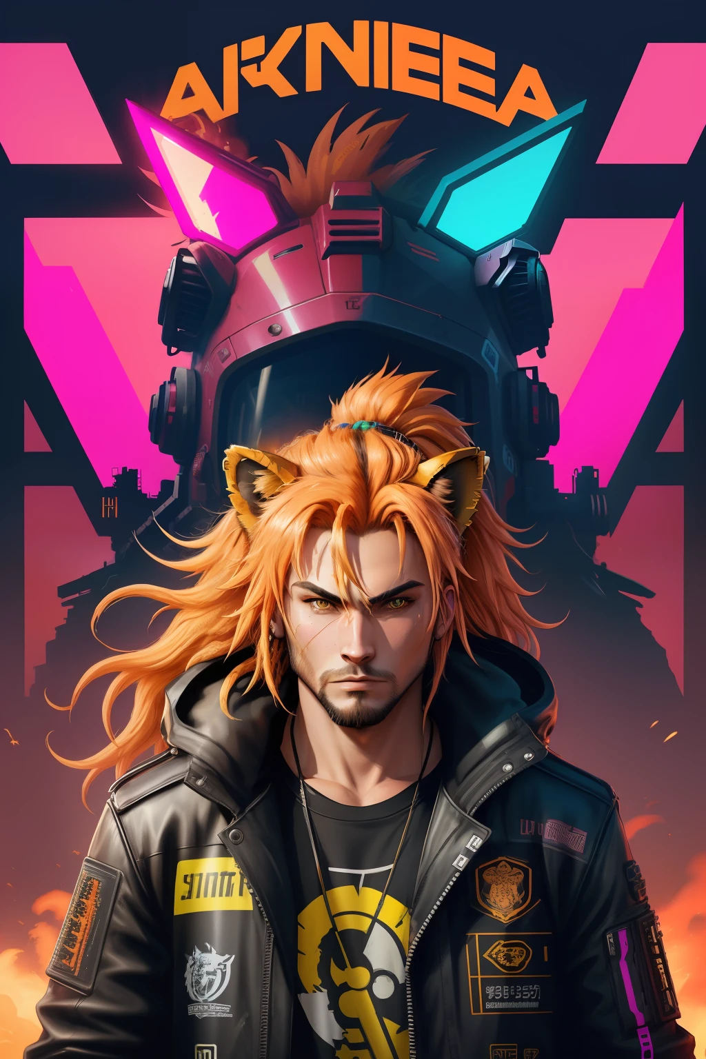a poster of a lion head, lion face, gunner, gunbreaker, neonpunk, cyberpunk face, gungnir, gmunk, cyberpunk style color, cyberpunk futuristic neon, gunbroker, glitchpunk, cyberpunk soldier, cmyk portrait, in style of apex legends, cyberpunk gunma prefecture, cyberpunk vibrant colors, gunslinger, ????????, strong enegry image, color cool,