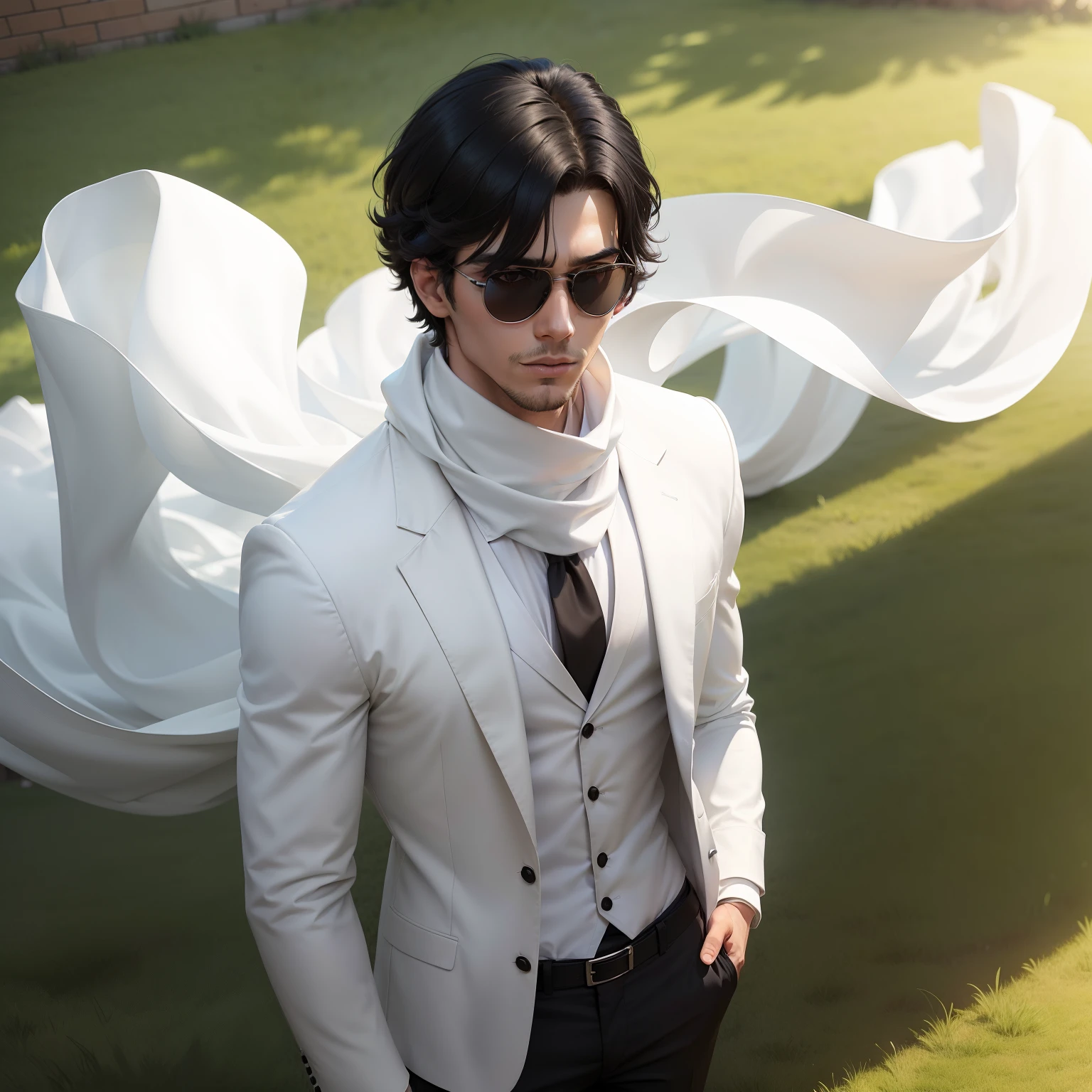 A guy ,Handsome ,Wear a white shirt,Black pants,Black hair,He is standing on a lawn ,He wears a white scarf around his eyes