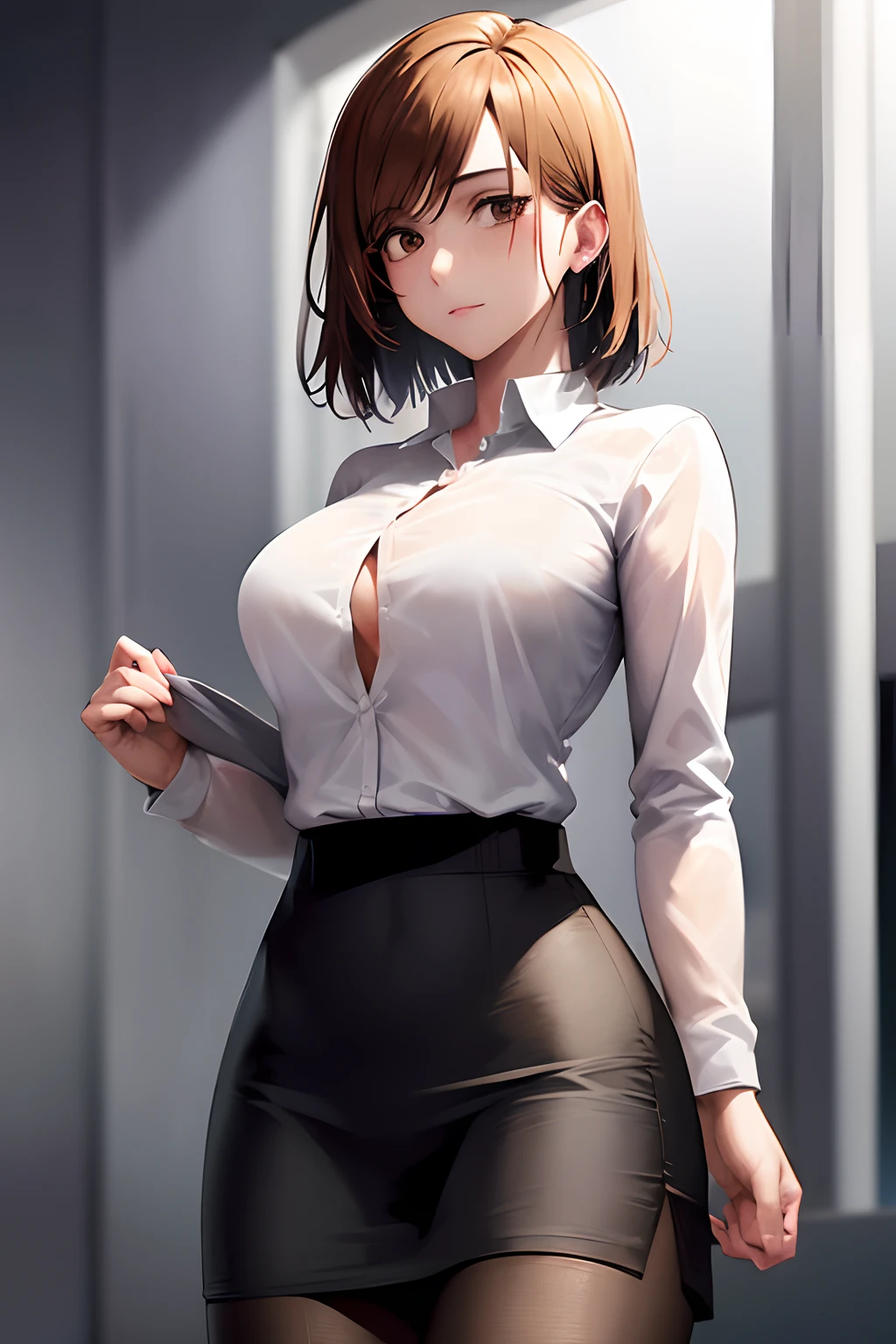 1girl, cowboy shot, beautiful NobaraJK, white shirt, unbuttoned, black skirt, office, volumetric lighting, best quality, masterpiece, intricate details, tonemapping, sharp focus, hyper detailed, trending on Artstation,