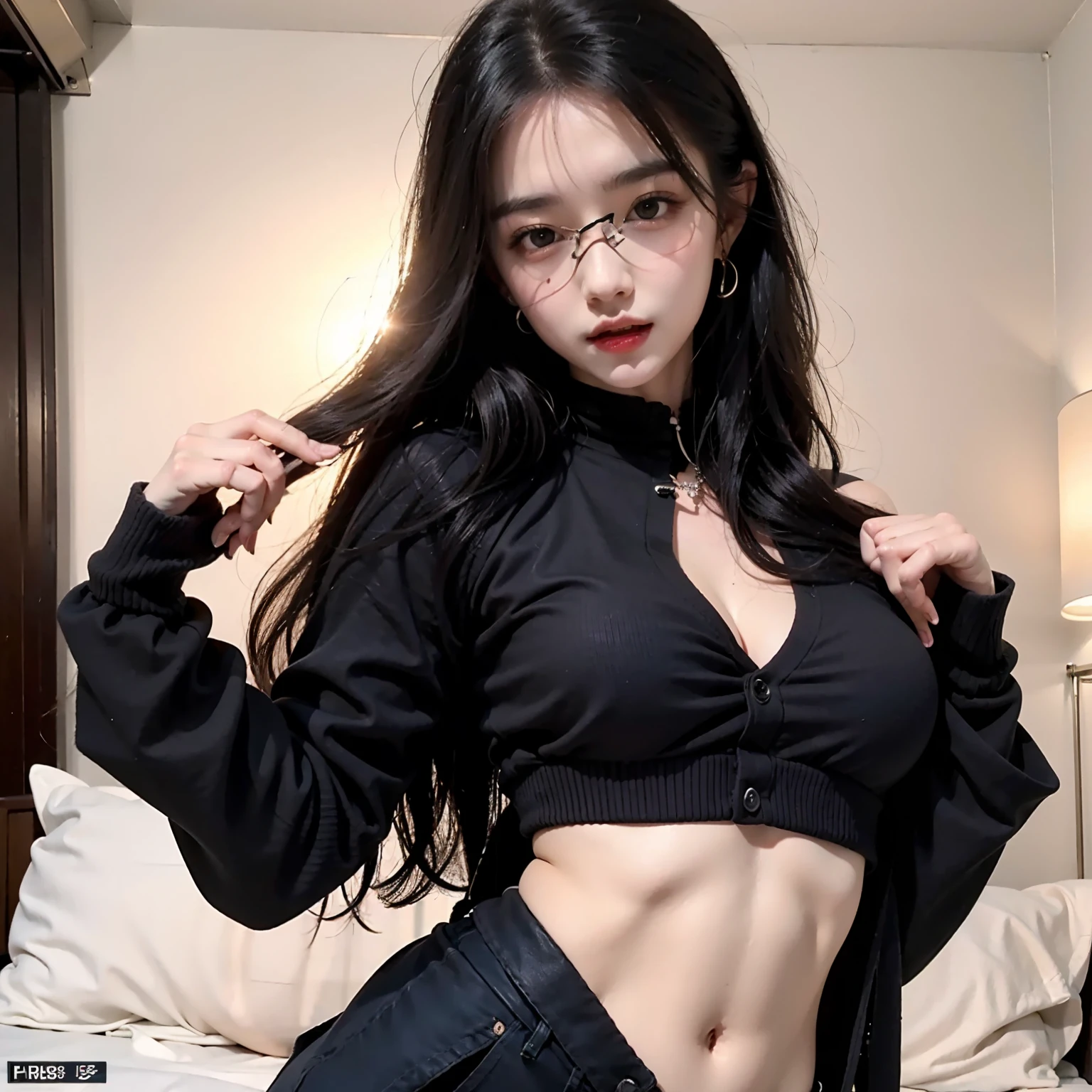 cute face, STANDING, (highres,masterpiece:1.2),ultra-detailed,realistic,professional, Beautiful body、Abdominal muscles,beautiful detailed eyes,beautiful detailed lips,dark hair,LONG black hair WITH BANG,red glasses,stunning black eyes,clear skin,18-year-old girl,fashionable LONG HAIR style WITH BANG,vibrant red glasses,Shinobi Academy,fierce determination,confident posture,crimson outfit, background filled with ninjutsu techniques,shadows cleverly accentuating her features,subtle studio lighting,sublime realism,striking color tones, arm up, dynamic pose, medium breasts,