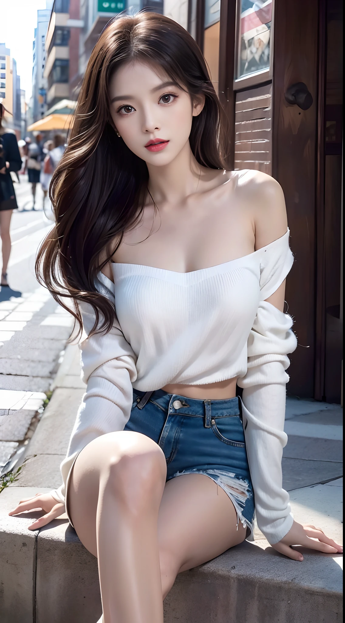 Urban Beautiful Girl College Student，tmasterpiece，Light makeup，Redlip，Silvery hair，Messy long hair，streets background，gracefulness，Elegance。ultra fine detailed，Works of masters，Authentic texture，Cinematic lighting realism，perfect works，8K，k hd，Delicate facial features，White tight open-cut top，Clear white skinny shorts，Slim figure，Big bright eyes，Smooth skin，