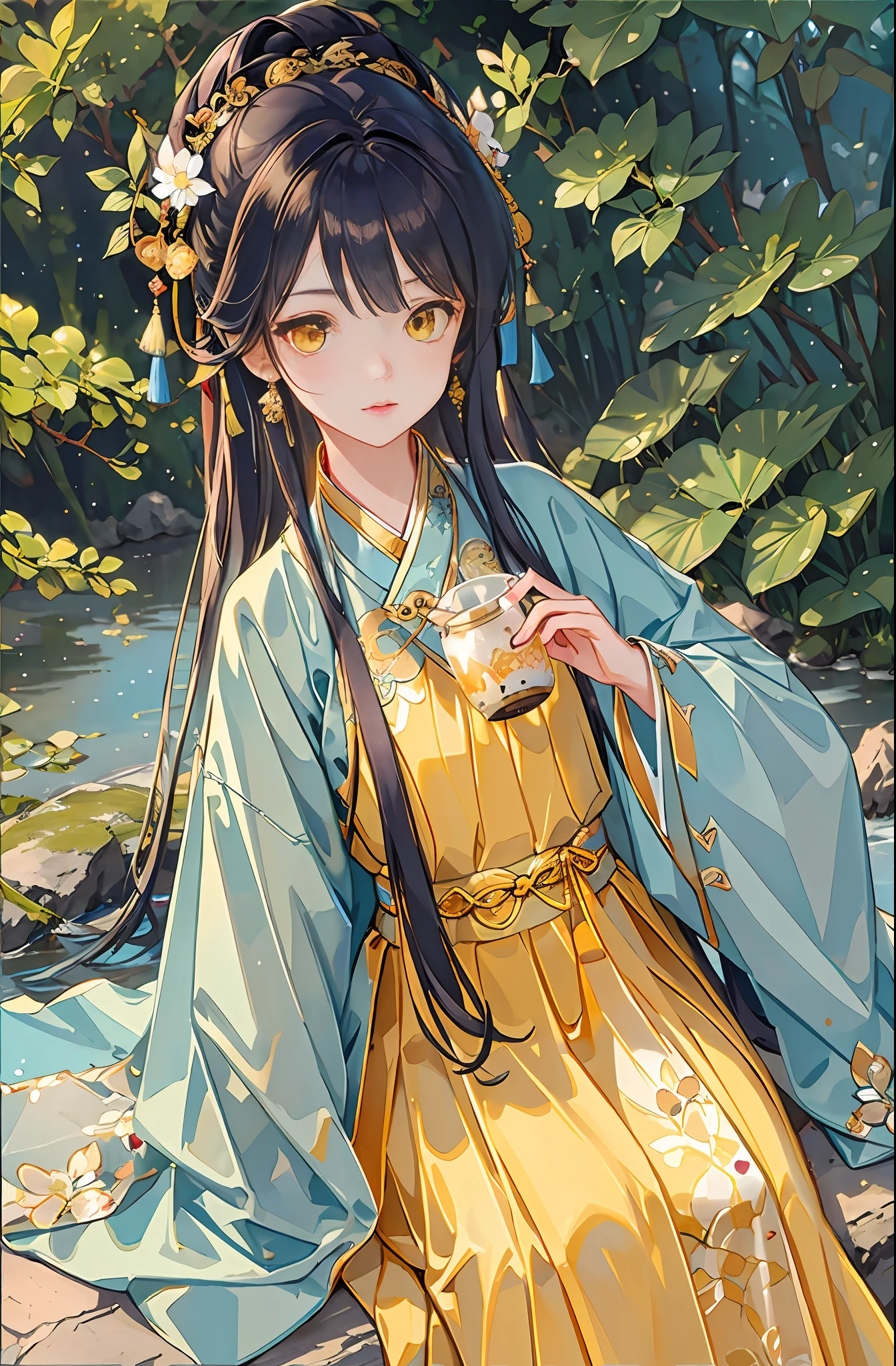 Best quality at best，Complicated details，A high resolution，（beautiful detailed  water：1.4），（Hanfu，Tang Feng），Yellow eyes，（Girl in a glass jar：1.1），drinking milktea