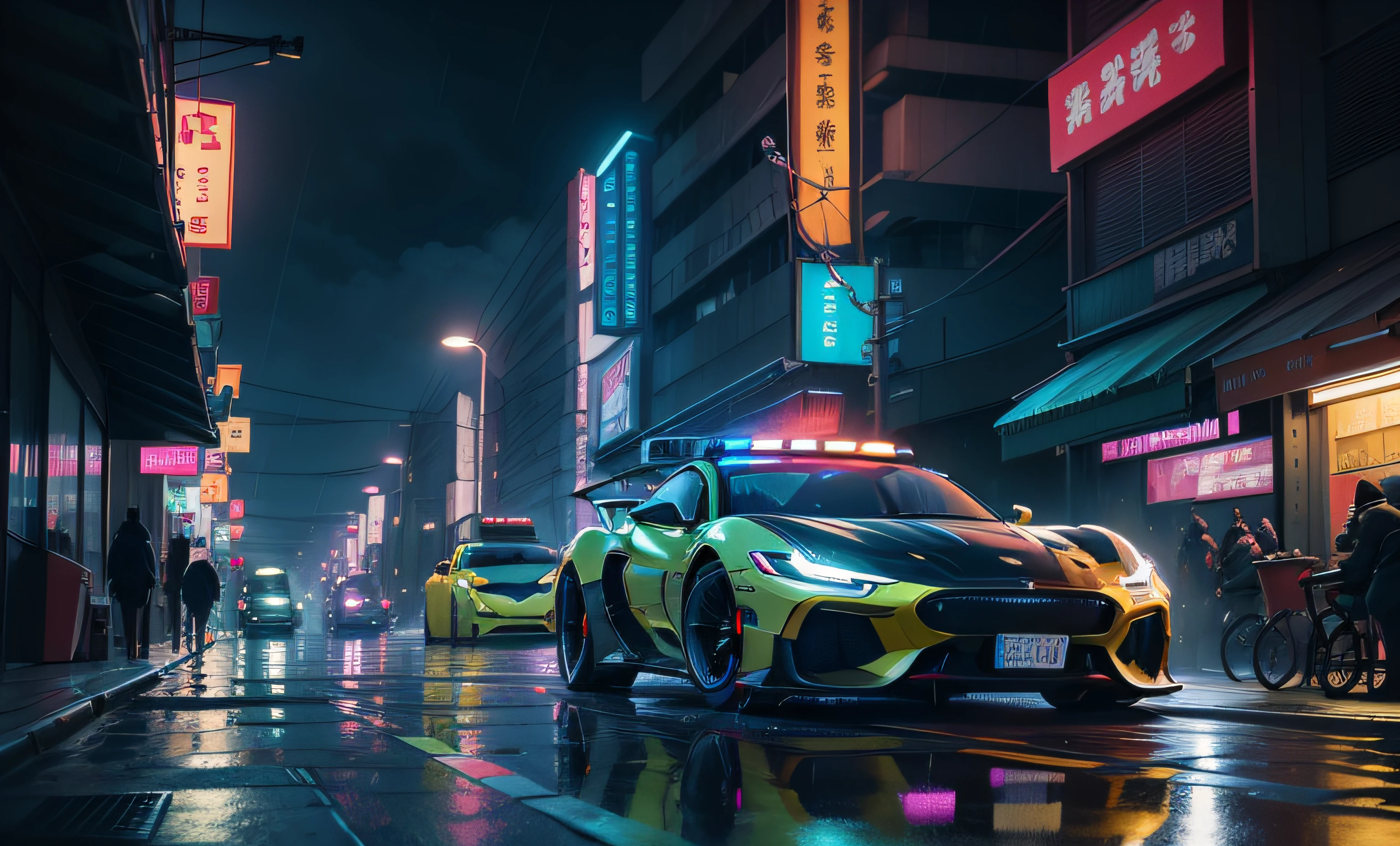 TOKYO CITY WITH FUTURISTIC luxary cars ON STREET　Max Quality　MasterPiece　SF Future World Bridges, rainy Night, Neon, japan architecture cyberpunk 2077, neon fog, traditional architecture, blade runner 2049, science fiction art, futuristic city