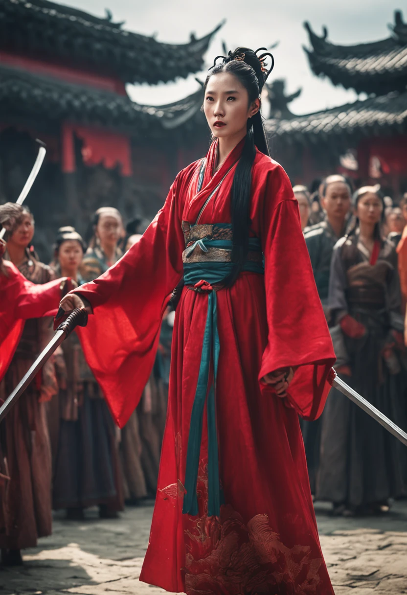 Image of Alavid holding a sword in front of a crowd of women in a red dress, xianxia fantasy, Wuxia, full-body wuxia, Hanfu, xianxia hero, inspired by Du Qiong, Chinese fantasy, three kingdom, palace, A girl in Hanfu, The crowd followed, hyper realisitc, chiaroscuro, cinematic lighting, UHD, ccurate, anatomically correct, textured skin, masterpiece, 4K