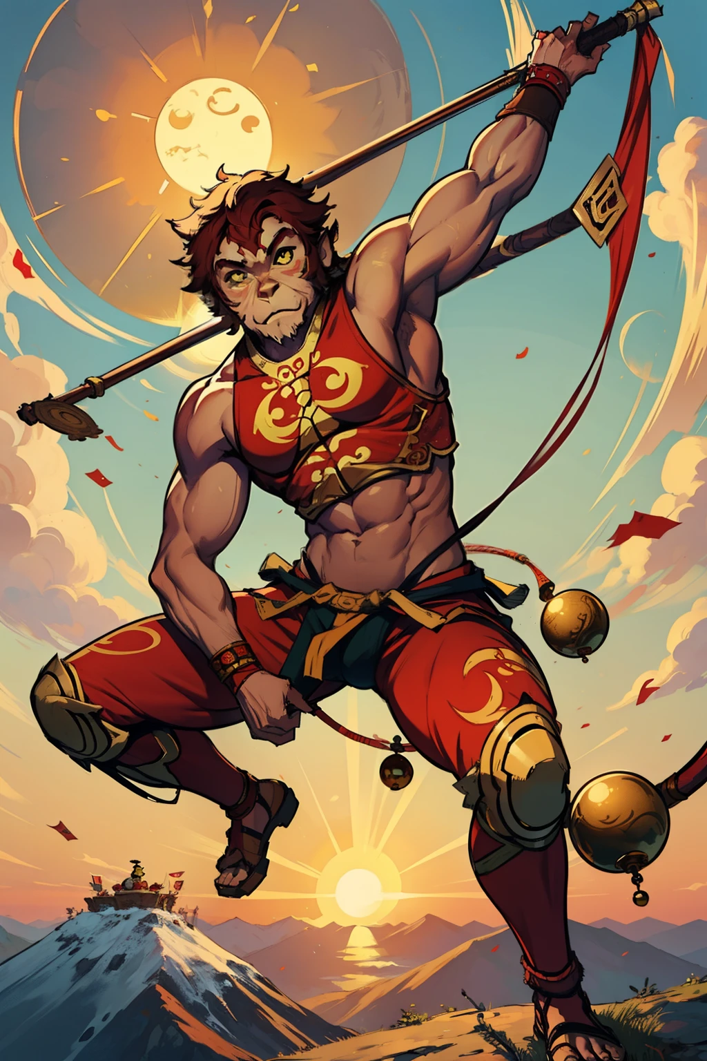 extremely detailed, (Sun Wukong:1.4), dynamic pose, on a mountain top,