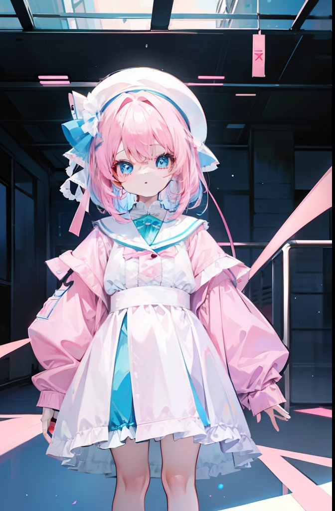 light pink colored hair,Powder-blue pupils,Wear children's clothing in a combination of pink and blue,Pure white loli girl
