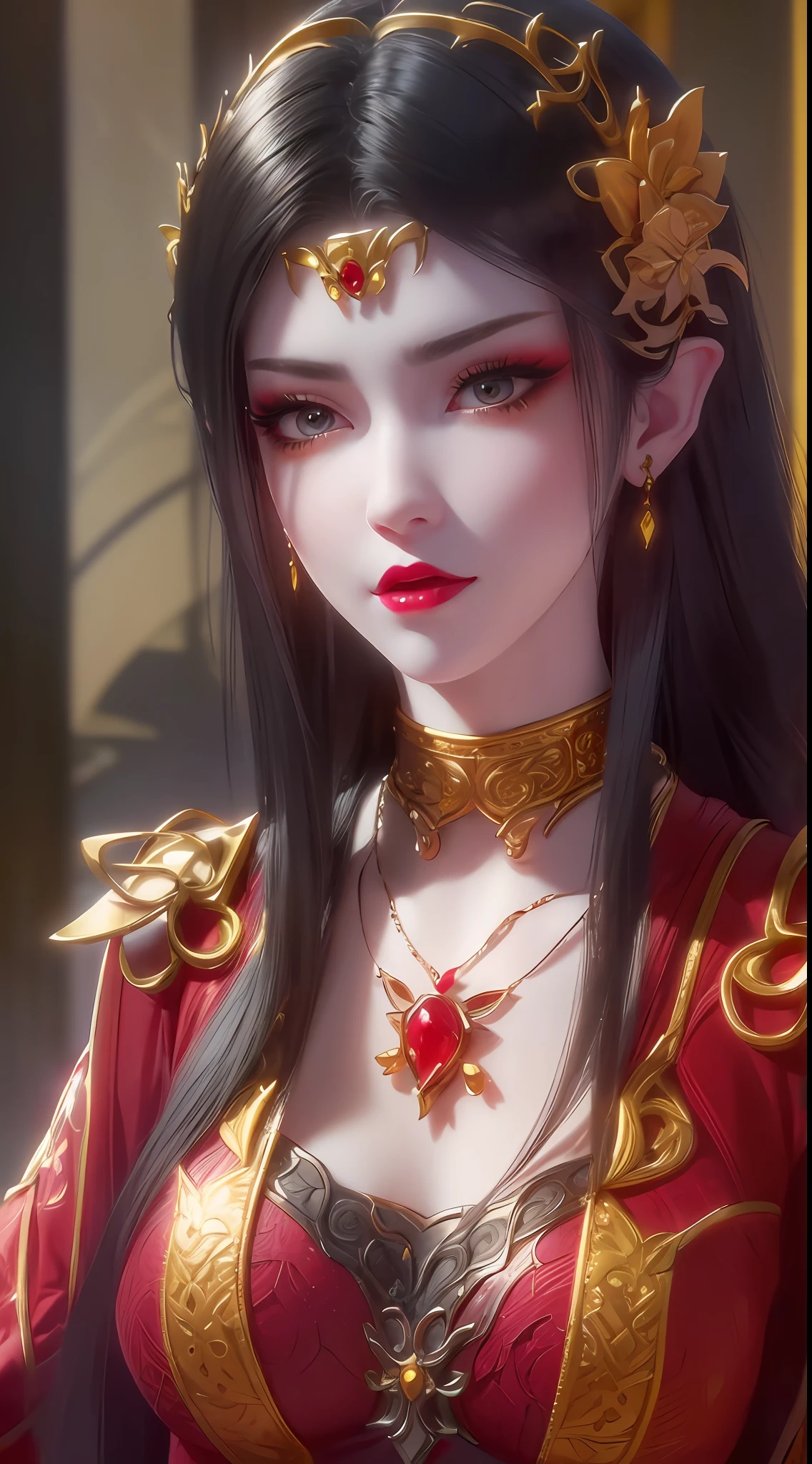 1 very beautiful queen medusha in hanfu dress, thin red silk shirt with many yellow motifs, black lace top, long hair dyed black, beautiful hair jewelry, extremely detailed and exquisitely crafted jewelry, gold jewelry, red ruby inlaid necklaces, pretty face pretty, perfect face, earring jewelry, head and hair jewelry, antique jewelry, big eyes, sharp eye makeup, meticulous makeup eyelashes, thin eyebrows, nose tall, pretty red lips, no smile, ((closed mouth:0.9)), pursed lips, rosy cheeks, breast augmentation, round lifting breasts, moderately large breasts, well-proportioned breasts, slim waist, slim waist, red mesh stockings with black lace, Chinese hanfu style, fictional art patterns, colors vivid and realistic, RAW photos, realistic photos, ultra-high quality 8k surreal photos, cool photos, (virtual lighting effects: 1.8), 10x pixels, magic effects (background): 1.8), eyes wide open, super detailed eyes, beautiful girl body portrait, girl alone, ancient hanfu background, looking directly at the audience, wide original photo, 8k quality, super sharp, detailed and clear picture best, detailed light background,