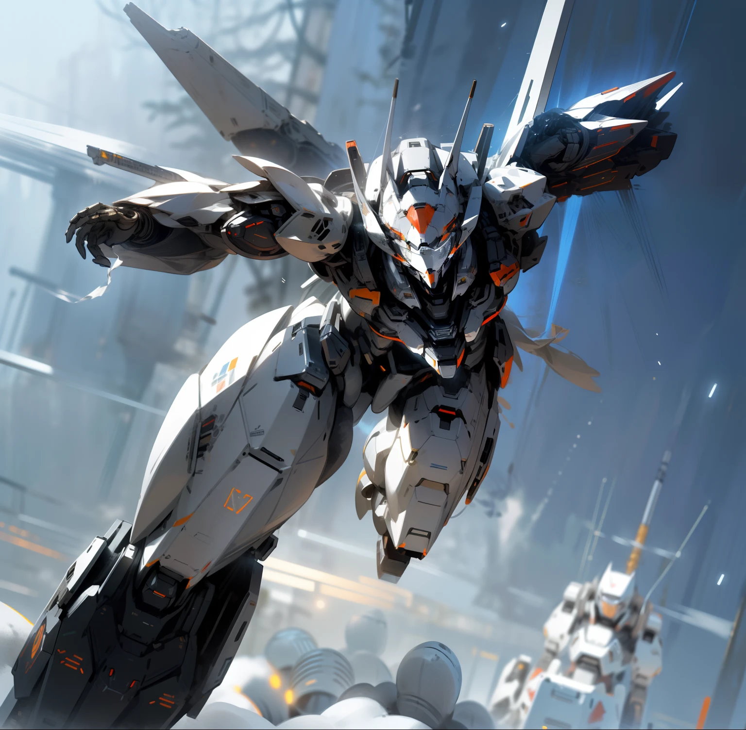 mechs,(Cold+cold shades),sense of science and technology,(Lunar crater+Sense of environment), (karo+blasts+Light+Bullet rain:1.2+nighttime scene), (Silver mech+white color mecha+Gray mech:1.3)(the white tiger)