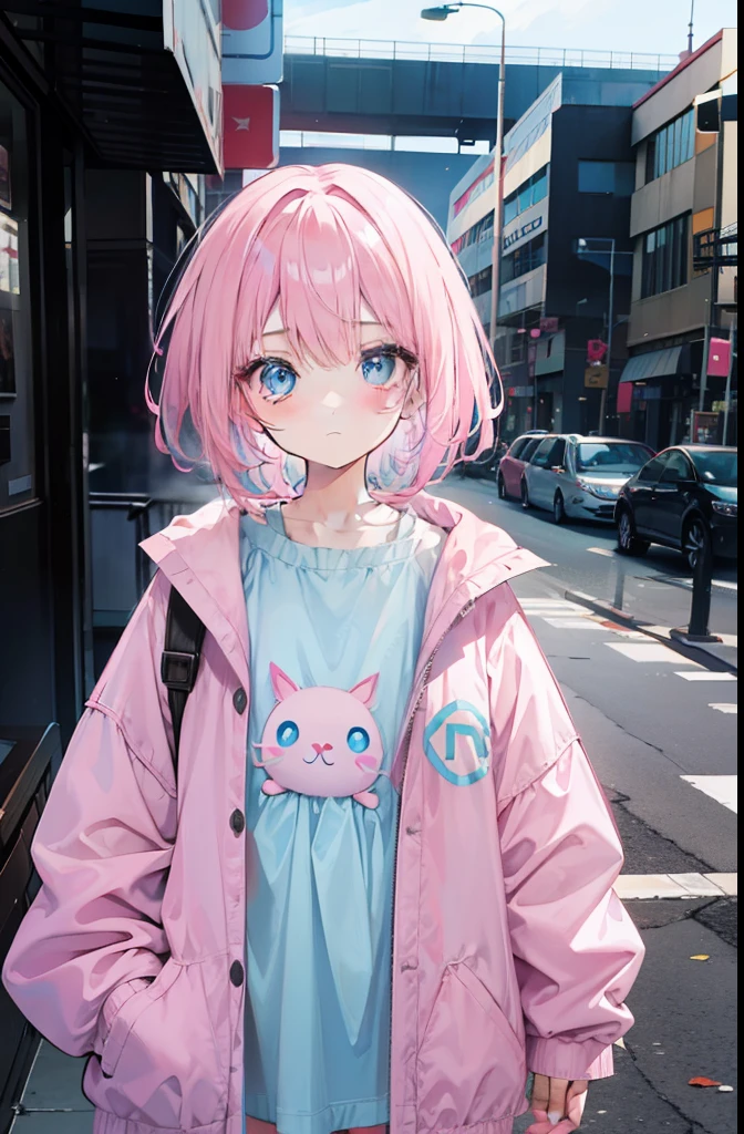 light pink colored hair，Powder-blue pupils，Wear children's clothing in a combination of pink and blue，Pure white loli girl