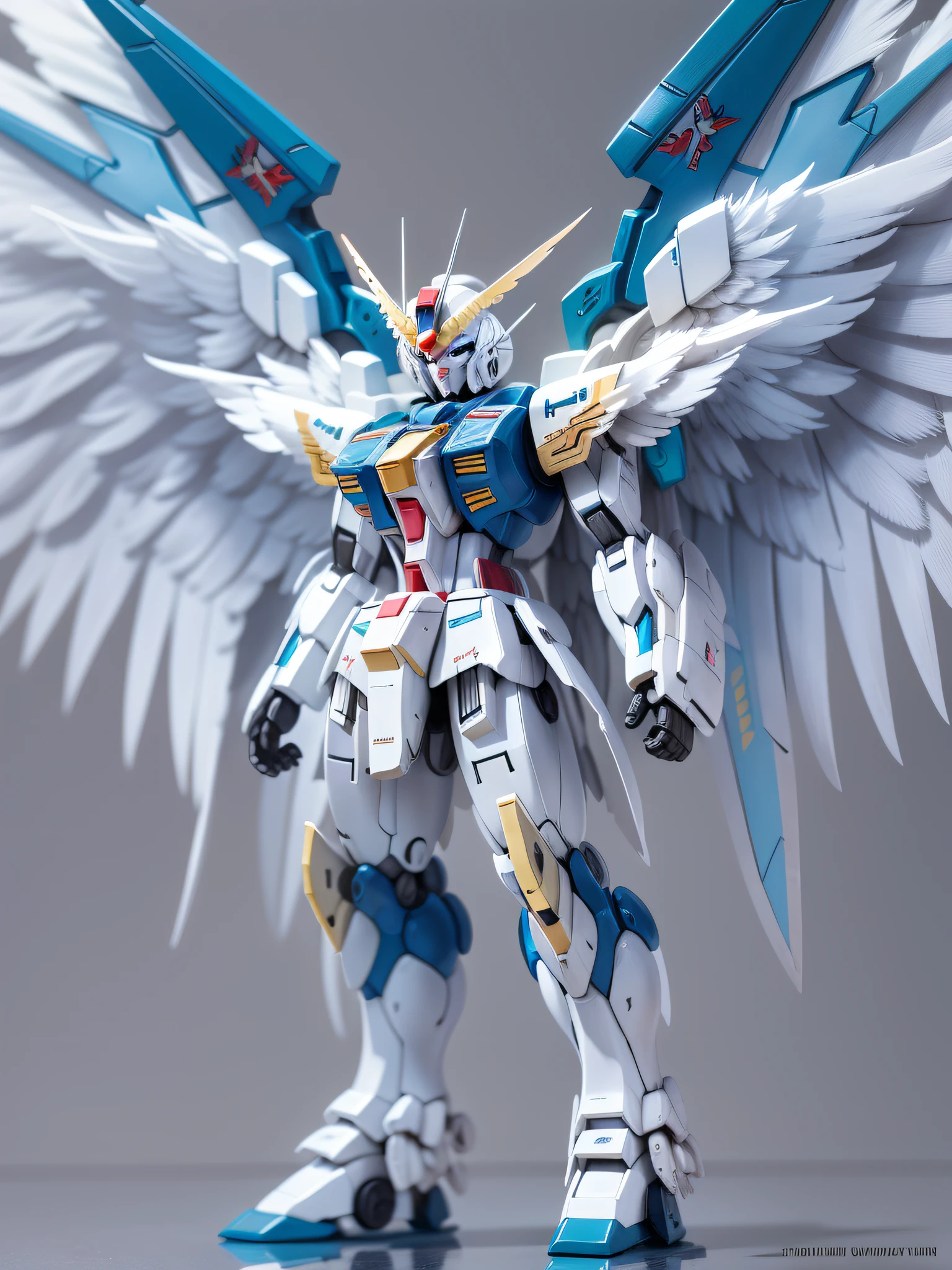 Alafard model of a white and blue robot with wings, Mecha wings, gundam wing style armor, armor angle with wing, gundam, wide angel shot, big white glowing wings, high angel distant shot, GUNPLA, super wide angel, close up angle, wingspan, With wings. Ultra-detailed, huge feathery wings, gundam is windmill shaped