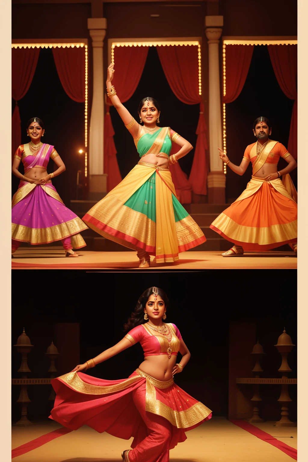 fecha: 1976
Country: India
Description: En un estudio de Bollywood, Un director supervisa el rodaje de una vibrante secuencia de baile, capturing the glitz and glamour of India's film industry.