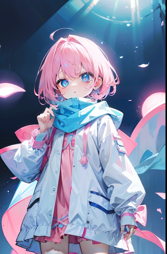 light pink colored hair，Powder-blue pupils，Wear children's clothing in a combination of pink and blue，Pure white loli girl