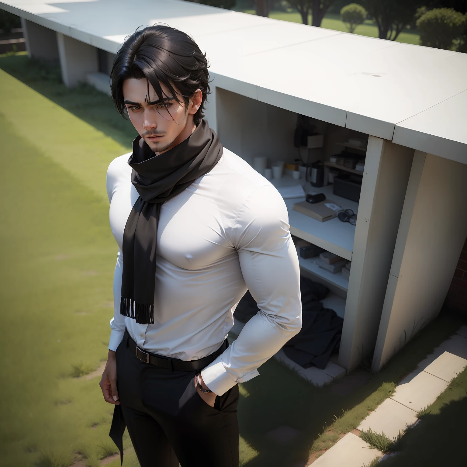 A guy ,Handsome ,Wear a white shirt,Black pants,Black hair,He is standing on a lawn ,He wears a white scarf around his eyes