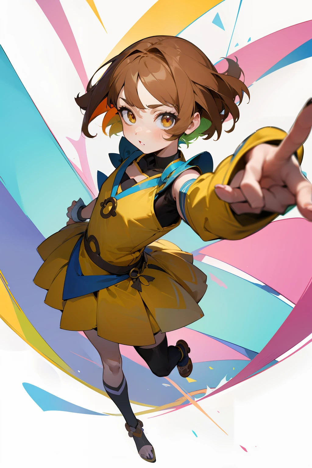 Chica anime, 1chica, short brown hair, ojos marrones hermosos, Cara perfecta, dynamic pose, Perfect anatomy, cuerpo perfecto, 18yr old, Obra maestra, Full HD, 4k, Unique costume, varios colores, cuerpo completo, character design, Cute little girl, Buen estilo, perspectiva, linda perspectiva, buen dibujo, hermoso dibujo, SFW, colores llamativos, colores armoniosos,