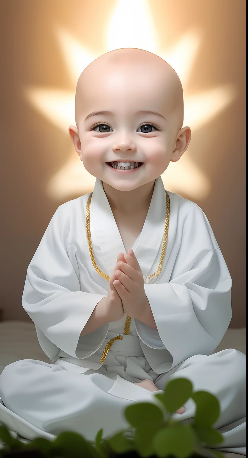 Bald baby in white robe sitting on bed,wearing a gold chain, a serene smile, lovely digital painting, Cute boy, wearing nun outfit, Innocent smile, wearing white robes with, young wan angel, Sweet and innocent, yanjun cheng, Serene expression, blessing hand, peaceful expression, little monks, wearing long white togas, Young,Delicate face,Clear teeth
