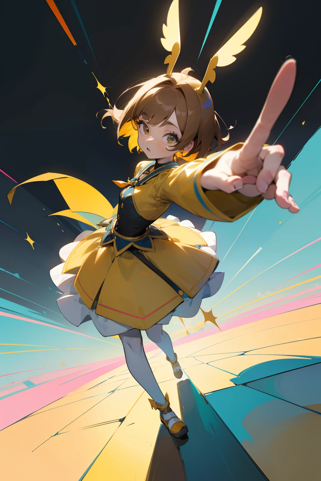 Chica anime, 1chica, short brown hair, ojos marrones hermosos, Cara perfecta, dynamic  pose, Perfect anatomy, cuerpo perfecto, 18yr old, Obra maestra, Full HD, 4k, Unique costume, varios colores, cuerpo completo, character design, Cute little girl, Buen estilo, perspectiva, linda perspectiva, buen dibujo, hermoso dibujo, SFW, colores llamativos, colores armoniosos,