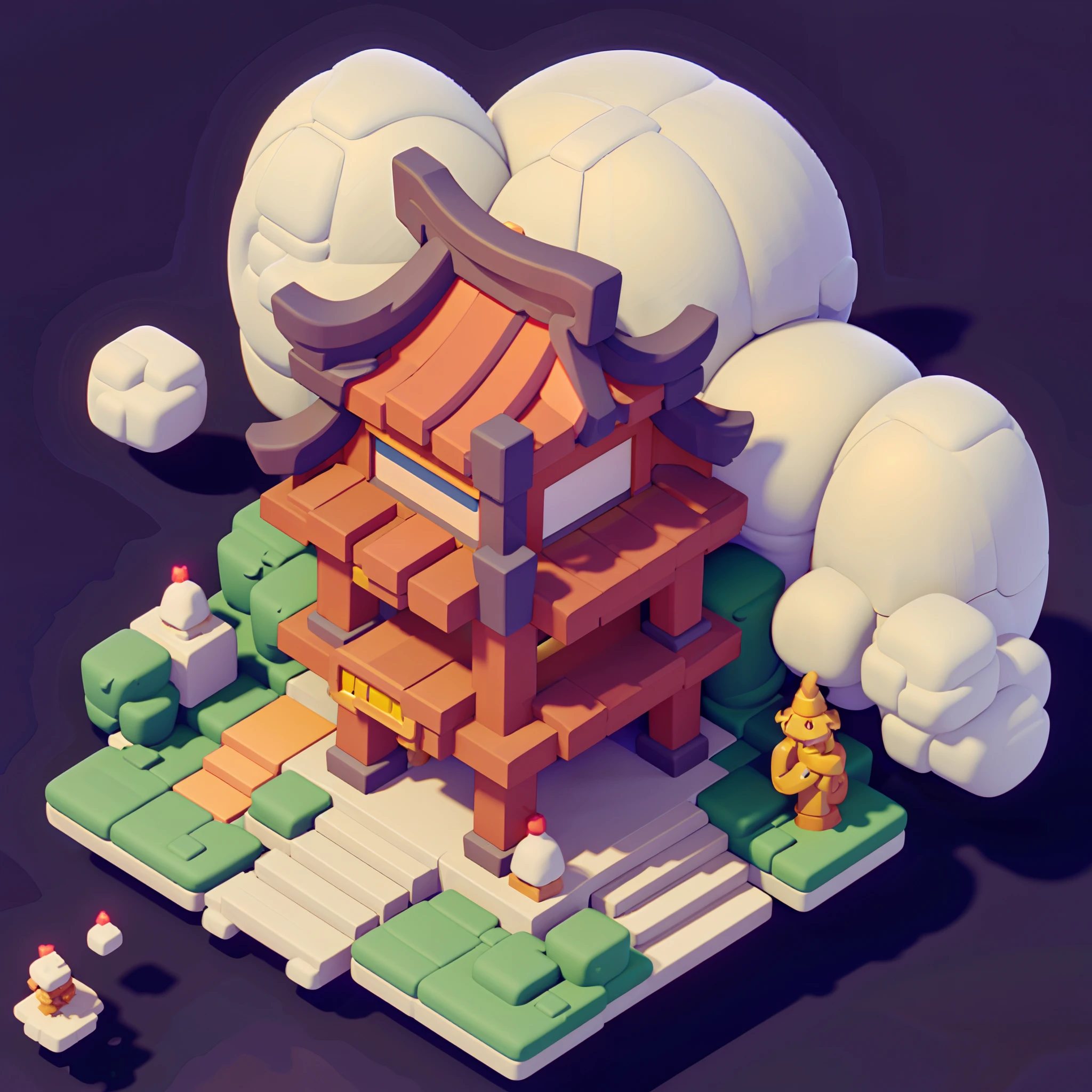 Isometric Chinese-style architecture，pagoda，moon full