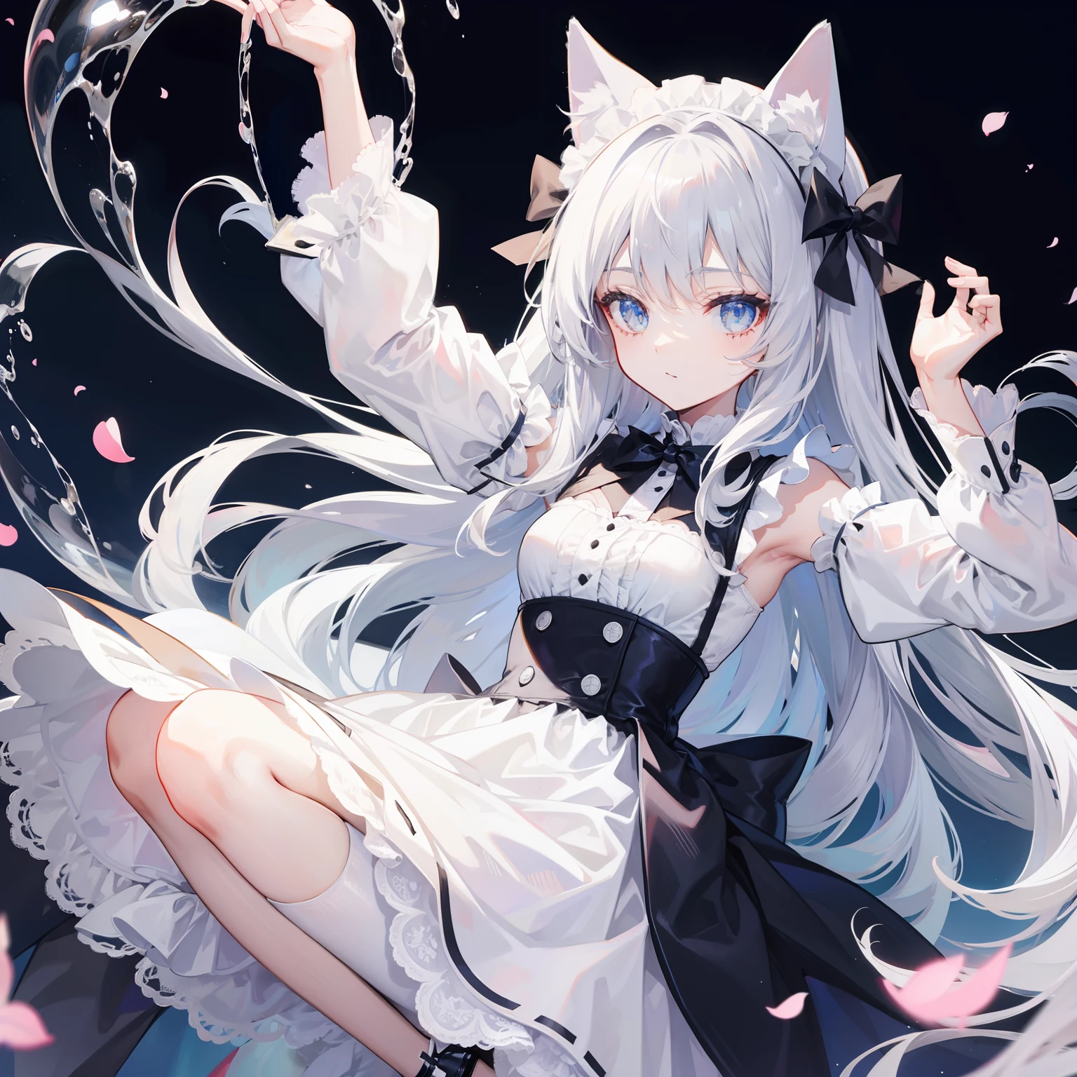 cat ear,long white hair,High ponytail,shackle,Hands behind your back,With a collar around the neck,mini-skirts,black lence stockings,Lie on the ground,Looking at you,weeping,Stick out your tongue,Big tits,white panties,Lick the milk on the ground,Secure with a rope,white liquid on your face,White liquid on the thighs,There is a white liquid on the panties,cleavage