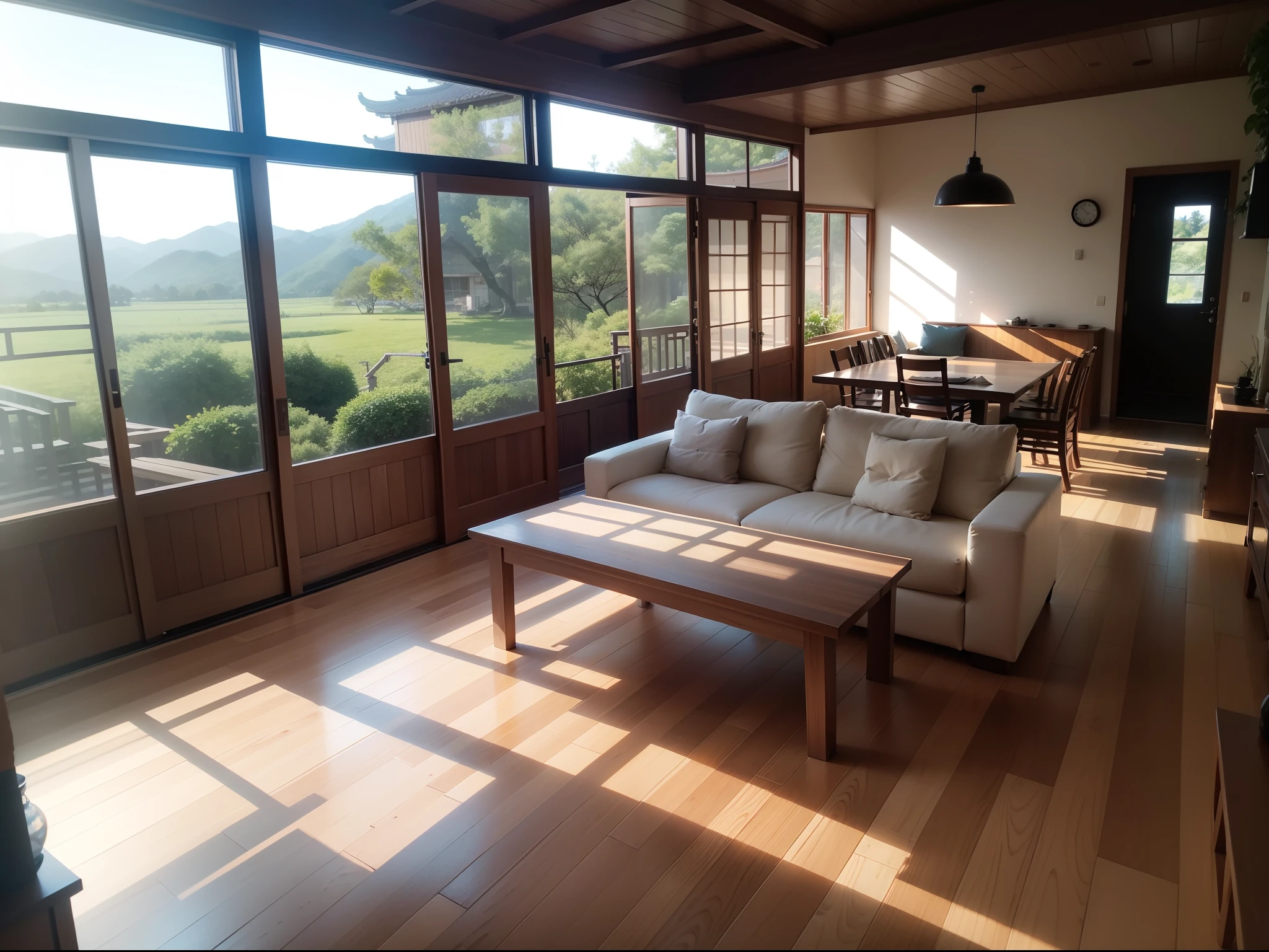 interior design、Insanely detailed wide-angle architectural photo、Cozy contemporary living room、(Bright and warm sunlight 1:0.1)、Award-winning contemporary interior design、landscapes、The table、a chair、in a house、Wooden flooring、window、resturant、east asian east asian architecture、sliding paper doors、abajour、architectural、the woods、naturey、cups、a plant、interior design、Insert lighting and shadows、depth of fields、low illuminance