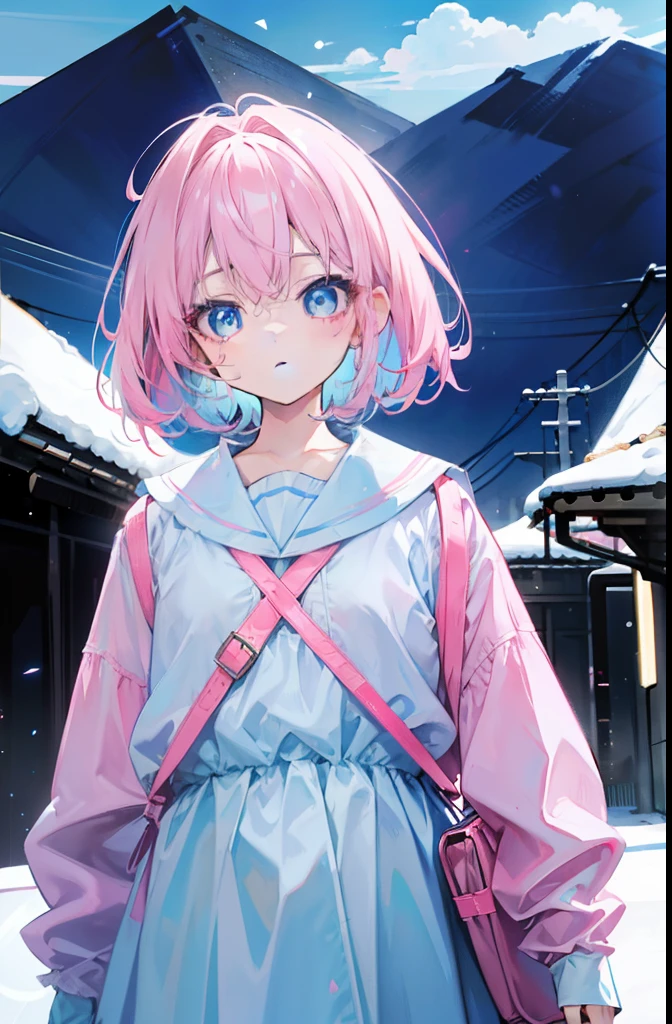 light pink colored hair，Powder-blue pupils，Wear children's clothing in a combination of pink and blue，Pure white  girl