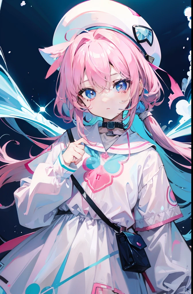 light pink colored hair,Powder-blue pupils,Wear children's clothing in a combination of pink and blue,Pure white girl