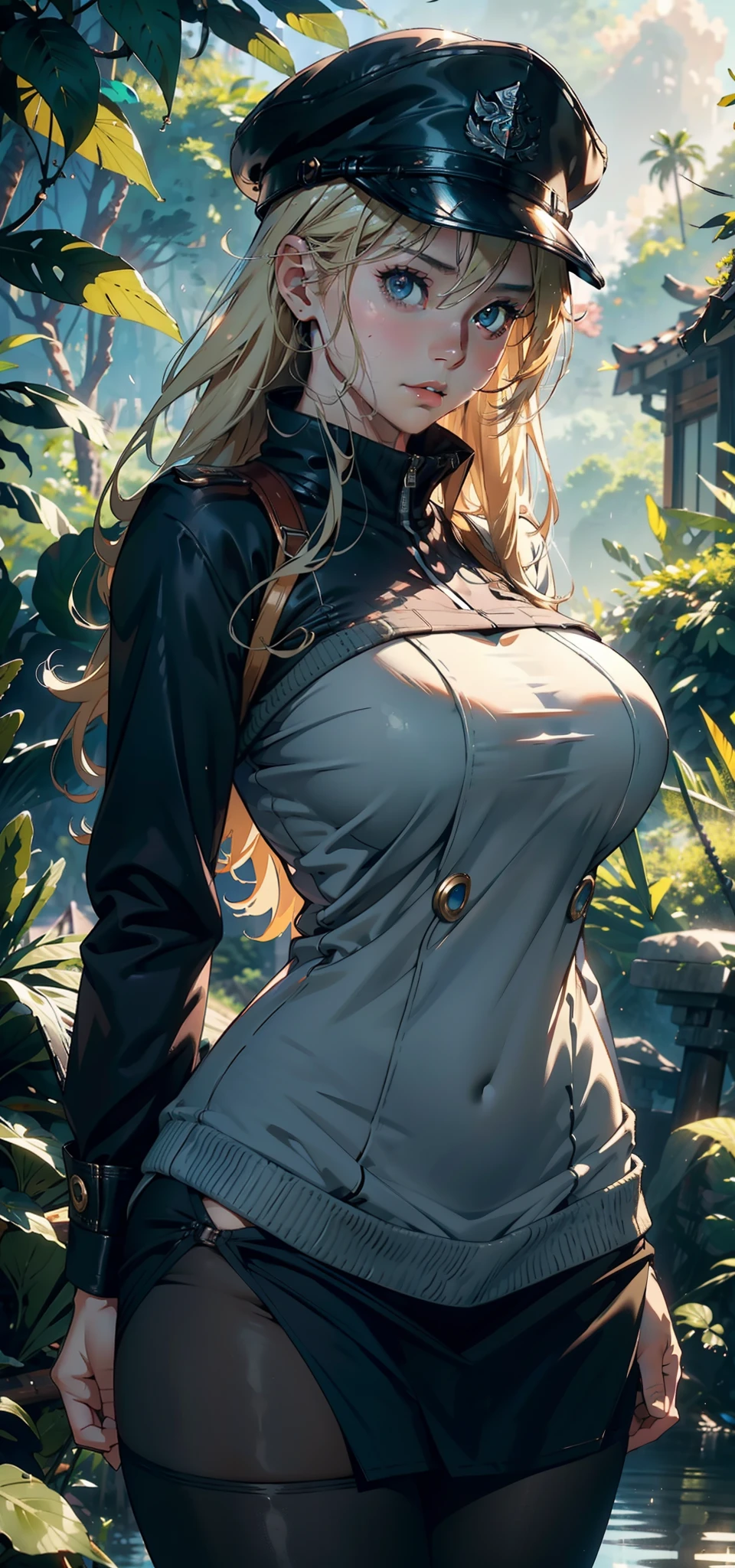 Blonde hair and blue eyes Long Hair Fairy Big Breasts naked Wet Black bodysuit erotic Big Breasts beauty cute highest quality Scared in the forest Be vigilant
