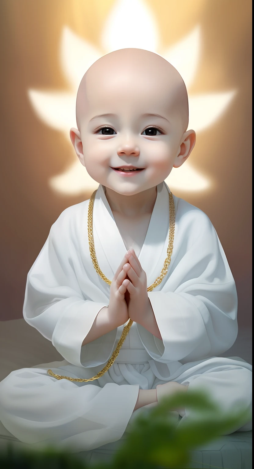 Bald baby in white robe sitting on bed，wearing a gold chain, a serene smile, lovely digital painting, Cute boy, little boy wearing nun outfit, Innocent smile, wearing white robes with, young wan angel, Sweet and innocent, yanjun cheng, Serene expression, blessing hand, peaceful expression, little monks, wearing long white togas, young