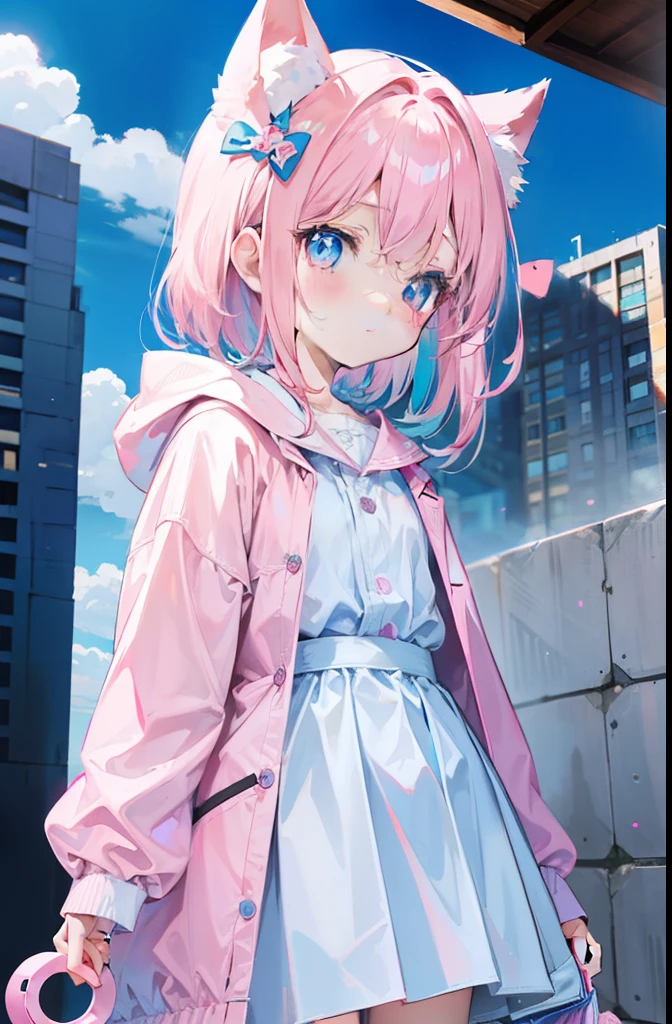 light pink colored hair,Powder-blue pupils,Wear children's clothing in a combination of pink and blue,Pure white loli girl