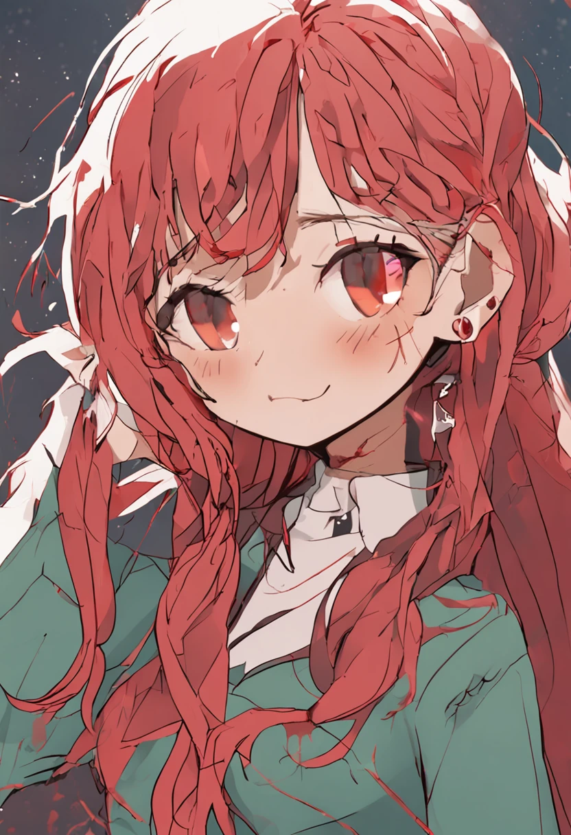 red hair, messy hair, parted bangs, hair ribbon, mole under eye, one eye closed, eyeball, eyebrows behind hair, crazy, Verism, UHD, anatomically correct, best quality, highres, high details, super detail