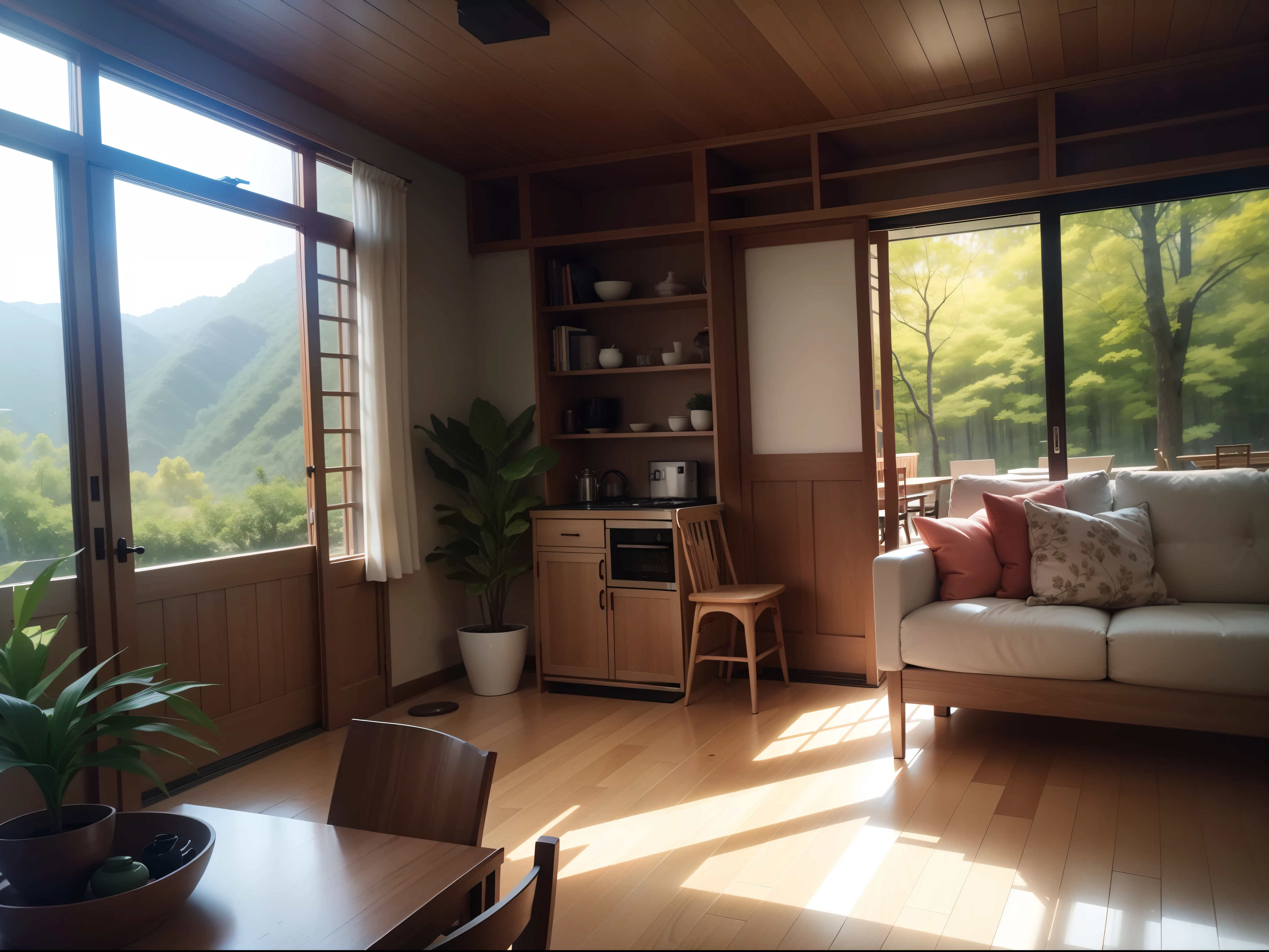 interior design、Insanely detailed wide-angle architectural photo、Cozy contemporary living room、(Bright and warm sunlight 1:0.1)、Award-winning contemporary interior design、landscapes、The table、a chair、in a house、Wooden flooring、window、resturant、east asian east asian architecture、sliding paper doors、abajour、architectural、the woods、naturey、cups、a plant、interior design、Insert lighting and shadows、depth of fields、low illuminance
