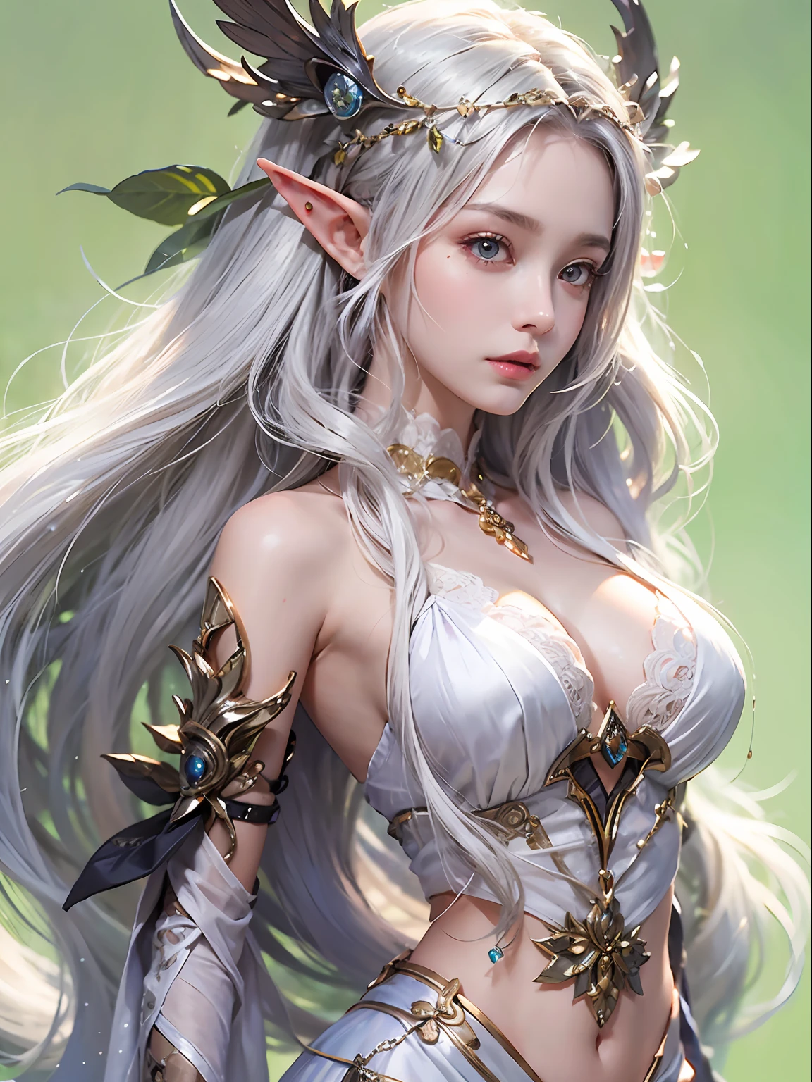 Elf Princess,ln the forest,Platinum hair accessories,(Photorealistic:1.4), (Masterpiece, side-lighting, fine detailed beautiful eyes: 1.2), Masterpiece*Portrait, Realistic, The face is delicate, Glowing eyes, Shiny hair, Shiny real skin, Solo, embarressed, (midriff),(super-fine),Detailed pubic hair,Accurate,(Works of masters),(best qualtiy),8K分辨率,A half body,dynamic viewing angle,with short black hair