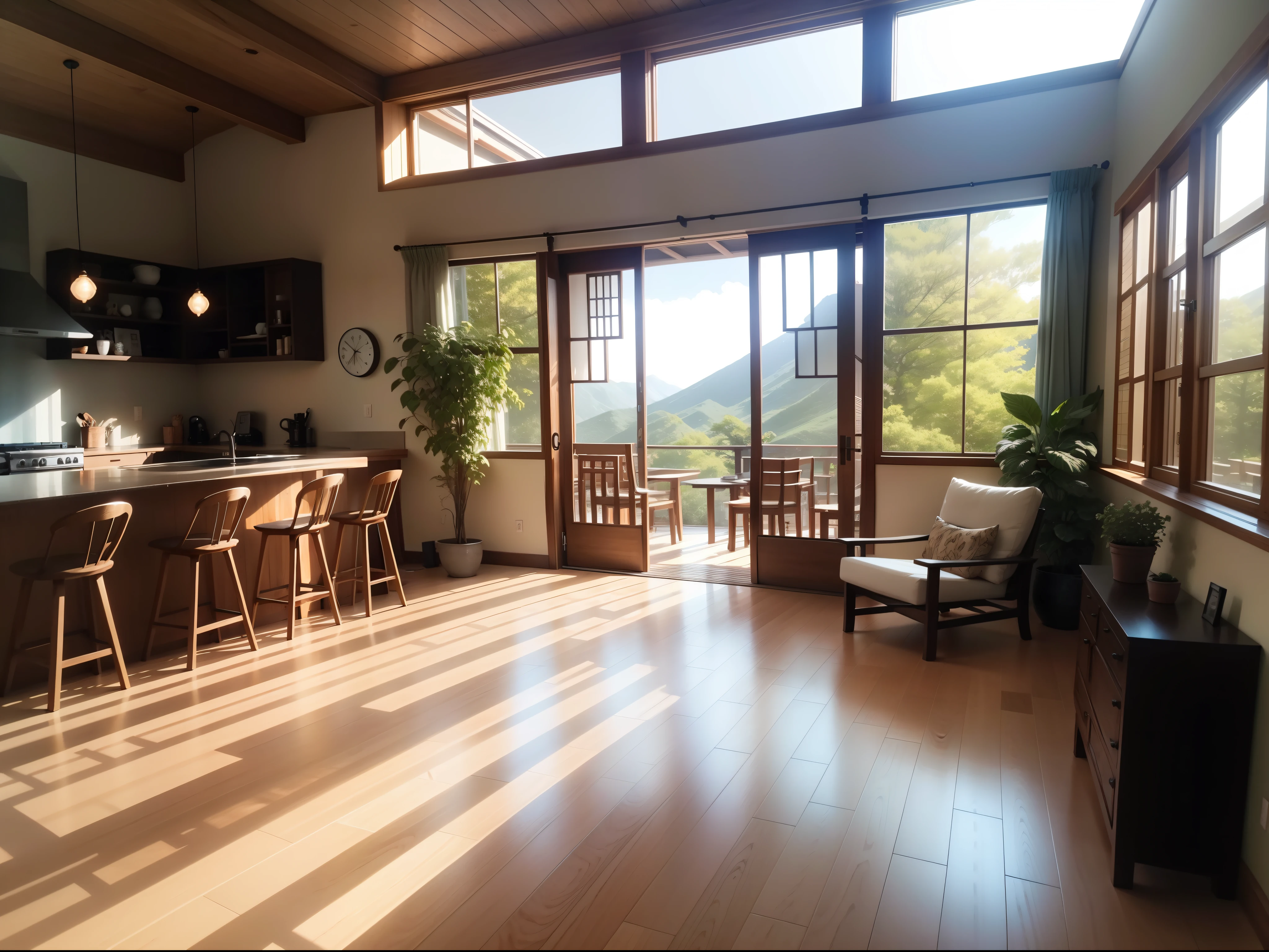 interior design、Insanely detailed wide-angle architectural photo、Cozy contemporary living room、(Bright and warm sunlight 1:0.1)、Award-winning contemporary interior design、landscapes、The table、a chair、in a house、Wooden flooring、window、resturant、east asian east asian architecture、sliding paper doors、abajour、architectural、the woods、naturey、cups、a plant、interior design、Insert lighting and shadows、depth of fields、low illuminance