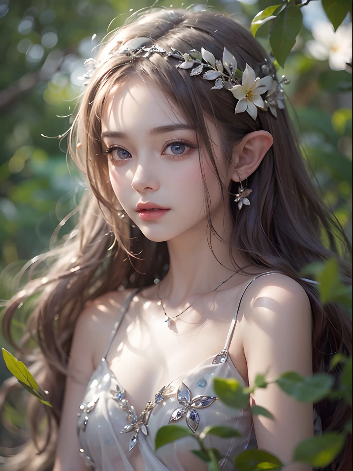 Elf Princess，ln the forest，Platinum hair accessories，(Photorealistic:1.4), (Masterpiece, side-lighting, fine detailed beautiful eyes: 1.2), Masterpiece*Portrait, Realistic, The face is delicate, Glowing eyes, Shiny hair, Shiny real skin, Solo, embarressed, (midriff),（super-fine），Detailed pubic hair，Accurate，（Works of masters），（best qualtiy），8K分辨率，A half body，dynamic viewing angle，dark brown  hair