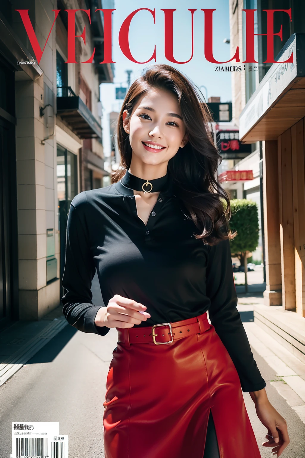 （8K分辨率，Photos above the knee in the distance，offcial art，Cover of a，（FashionMagCover：1.4），attention-grabbing，Oversized title font，Catchy，The title is larger，More eye-catching，modern day），（1womanl，20yr old，（Facial features of Thai Aom：1.8，s delicate face），Lovely face，com rosto detalhado，详细的脸，Jet-black slightly curly hair，（Fluffy and messy, with layers），Redlip，Fair smooth skin，（Fashionable casual womenswear：1.4，Black choker，（sleevelessdress（thin and light，breathable），pleatedskirt（obi strip，Delicate satin），Short waist long version，V-neck shirt，Formal shirts，校服，a skirt，suspender stockings），Tall and tall，walk，Embrace nature，perfect hand，Ultra-fine clothing material），（Background in the city，Exquisite environmental details，MagazineCover：1.4），（exhilarated，confident smile，Rejoice），（Cover typography，profesional lighting，动态照明），（（Strong color contrast，（black in color，blue colors，red colour））），（Golden section，Cover of a，Hasselblad photograp，tmasterpiece：1.3），（trendsetting，focus-on，vogue cover，Dynamic street art，Art platform）