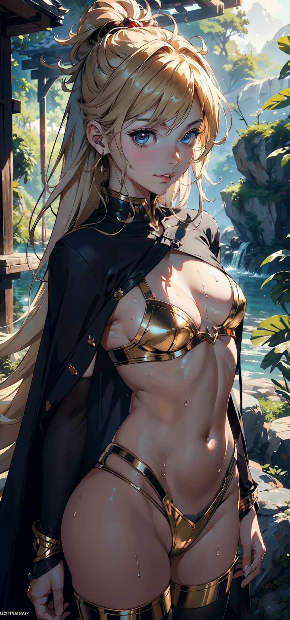 1female,11yo,bit girl,smallunderboob ,nice hand,Pornographic exposure, 独奏,(Background with:ln the forest,the rainforest,in summer,Water on the ground,exteriors) ,Stride,Sweat profusely,drenched all over the body,seen from the front,blond straight hair , mostly cloudy sky,(((tmasterpiece),(Very detailed CG unity 8K wallpaper),best qualtiy,cinmatic lighting,detailed back ground,beatiful detailed eyes,Bright pupils,(Very fine and beautiful),(Beautiful and detailed eye description),ultra - detailed,tmasterpiece,)),face to the viewer,frontage,A high resolution,ultra - detailed)nakeness,Wipe off panties,revealing breasts,Bare genitalia, Bulge,Camel toes,Raised sexy,Lewd expression,Flushed complexion,Open-mouthed,frontage,Gold Saint Seiya(Wearing:red capelet,Pantyhose)ssmile