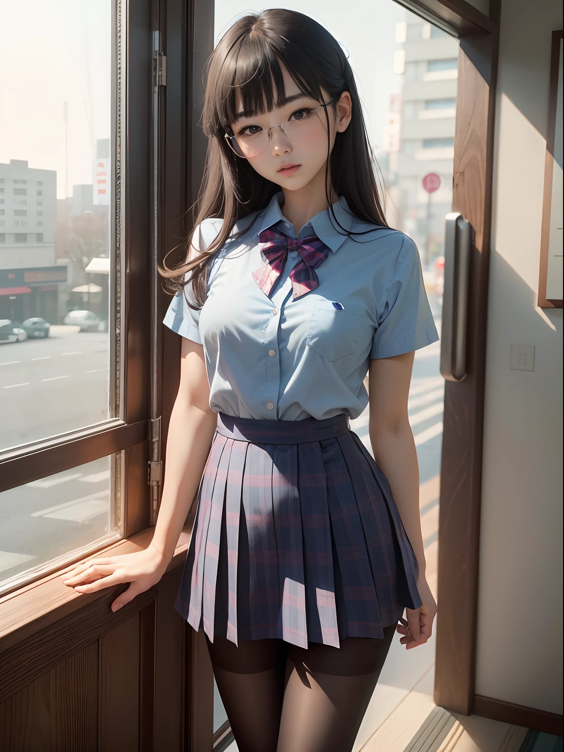 （8K、Raw photography、top-quality、​masterpiece：1.2),watching at viewers,Looking at the front,bob cuts,Bullish,Muchimuchi,Erotic,Pupils,Light Blue Bra,de pele branca,kne,(Black pantyhose),absurderes,a small face,small tits,flat breast,Parting the bangs from the middle、Forehead visible,(a cold expression,Tight eyes,glares,Bullish,skinny,Rasping,irate)、​masterpiece,top-quality、超A high resolution,Raw photo,ren,Beautiful fece,One Person, 独奏,eye glass,,Dark look,Small breasts,fullllbody,Round glasses、cute little、Back to Student,JK school uniform,hi-school girl,A Japanese Lady,is standing,（Photorealsitic：1.37）、Photon mapping,Realistic、Cute little face,Brown-eyed、Black socks、(Red bow tie)、Radio City、Physically Based Rendering、Foreground、depth of fields、Blurry background、a picture,The girls、Body,beauty legs, Long legs, Thin leg,Tie your hair into one strand on your chest,(Bangs are visible), hair, s lips, Blue_The eye, nosesoft,(Light blue shirt), (Navy and blue and white plaid pleated skirt), Knees are visible,Sheer clothing,, Thigh, Black cotton socks,Nogizaka Idol, 女優, Japanese ido