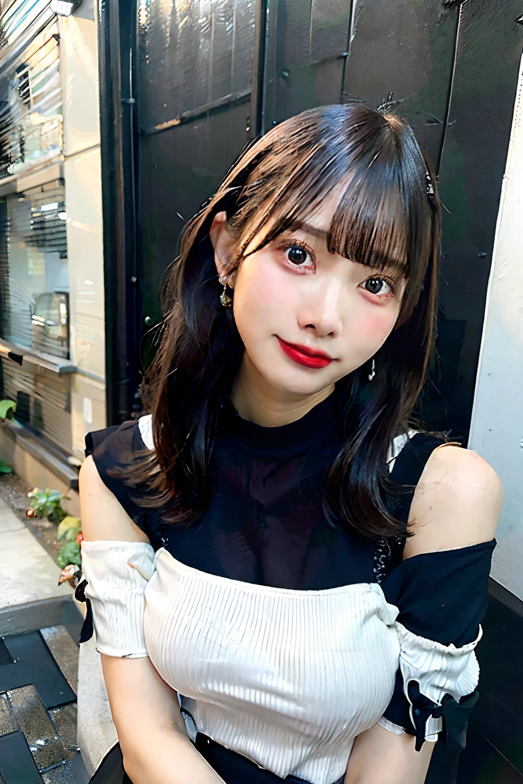 best quality, ultra high res, (photorealistic:1.4), 1girl, off-shoulder white shirt, black tight skirt, black choker, (faded ash gray hair:1), (huge breasts:1.2), looking at viewer, closeup ,