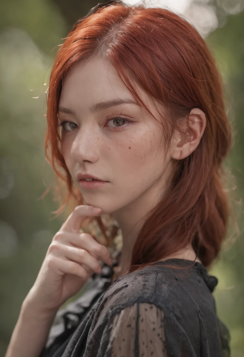 Male red hair, Messy hair, Parted bangs, Hair ribbon, Moles under eyes, One eye closed, eyeball, eyebrows behind the hair, crazy, Verism, hyper HD, Anatomically correct, Best quality, A high resolution, High details, Super detail