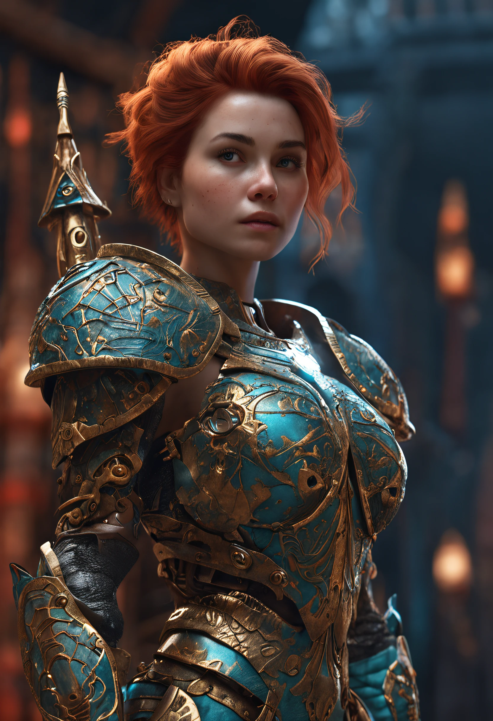 a detailed warrior girl with giant armor full of details and ornaments,beautiful girl with very short hair