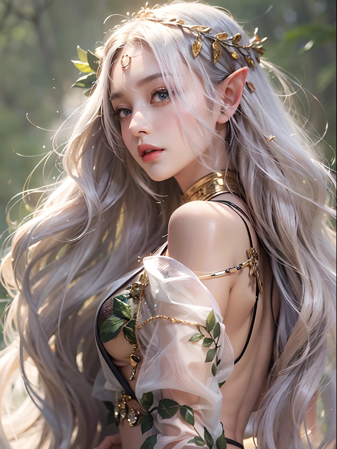 Elf Princess,ln the forest,Platinum hair accessories,(Photorealistic:1.4), (Masterpiece, side-lighting, fine detailed beautiful eyes: 1.2), Masterpiece*Portrait, Realistic, The face is delicate, Glowing eyes, Shiny hair, Shiny real skin, Solo, embarressed, (midriff),(super-fine),Detailed pubic hair,Accurate,(Works of masters),(best qualtiy),8K分辨率,A half body,dynamic viewing angle,dark brown hair