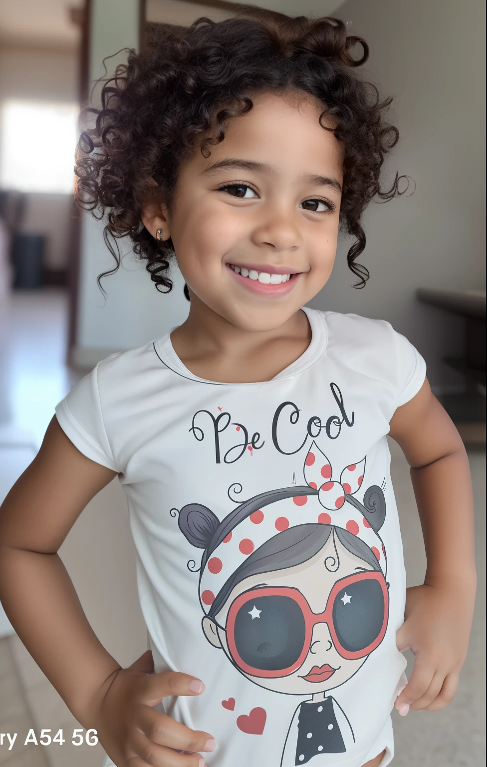 There's a young woman with curly hair wearing a T-shirt,  africana de pele clara, super bonito funky menina, bonito e sorridente, katelynn mini estilo bonito, 2 anos, Menina afro-ana, bonito, mas determinado, she is smiling and happy, menina sorridente,a bonito, menina jonito, quatro ana tem um rosto bonito