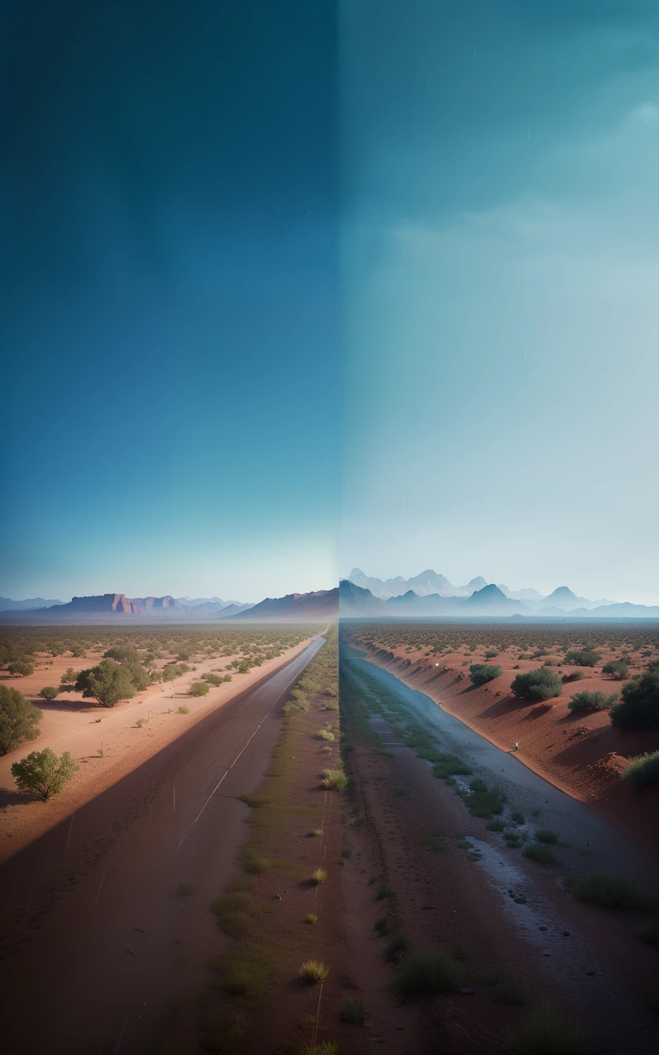 ((right side raining)) , ((right side green trees)) , ((left side desert))