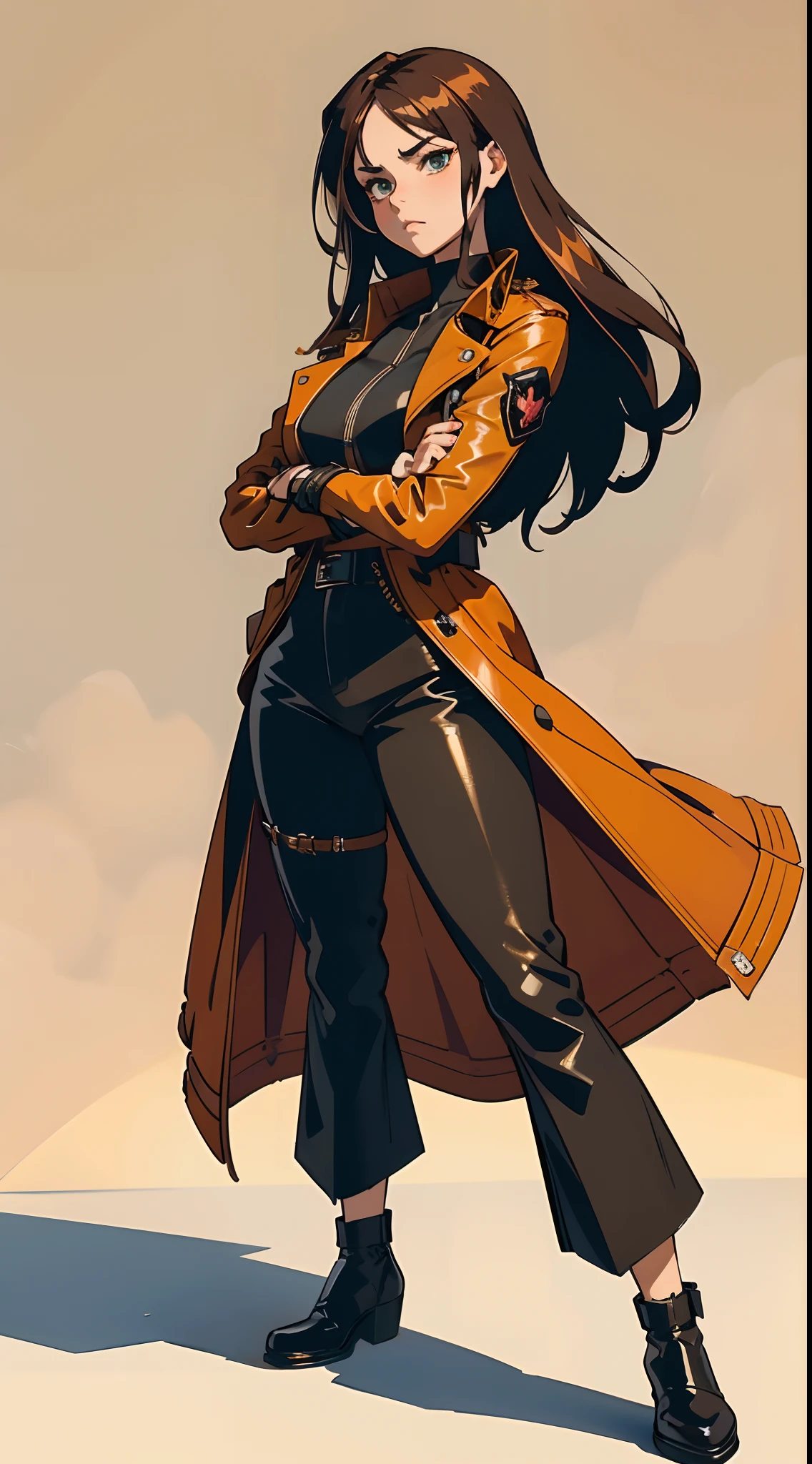 a beautiful woman with voluminous orange-brown long hair, featuring well-defined and deep facial features, her eyes emanate a resolute gaze, she is dressed in a form-fitting leather jacket and pants in shades of dark red and dark yellow, layered over her attire is a loose oversized trench coat, her movements convey an air of restlessness and unease, the character design portrays a punk-style character with a Japanese anime design, the artwork features finely detailed character design, showcasing a mature Japanese manga artistic style, ((character concept art)), high definition, best quality, ultra-detailed, extremely delicate, anatomically correct, symmetrical face, extremely detailed eyes and face, high quality eyes, creativity, RAW photo, UHD, 8k, (Natural light, professional lighting:1.2, cinematic lighting:1.5, best shadow), (masterpiece:1.5)