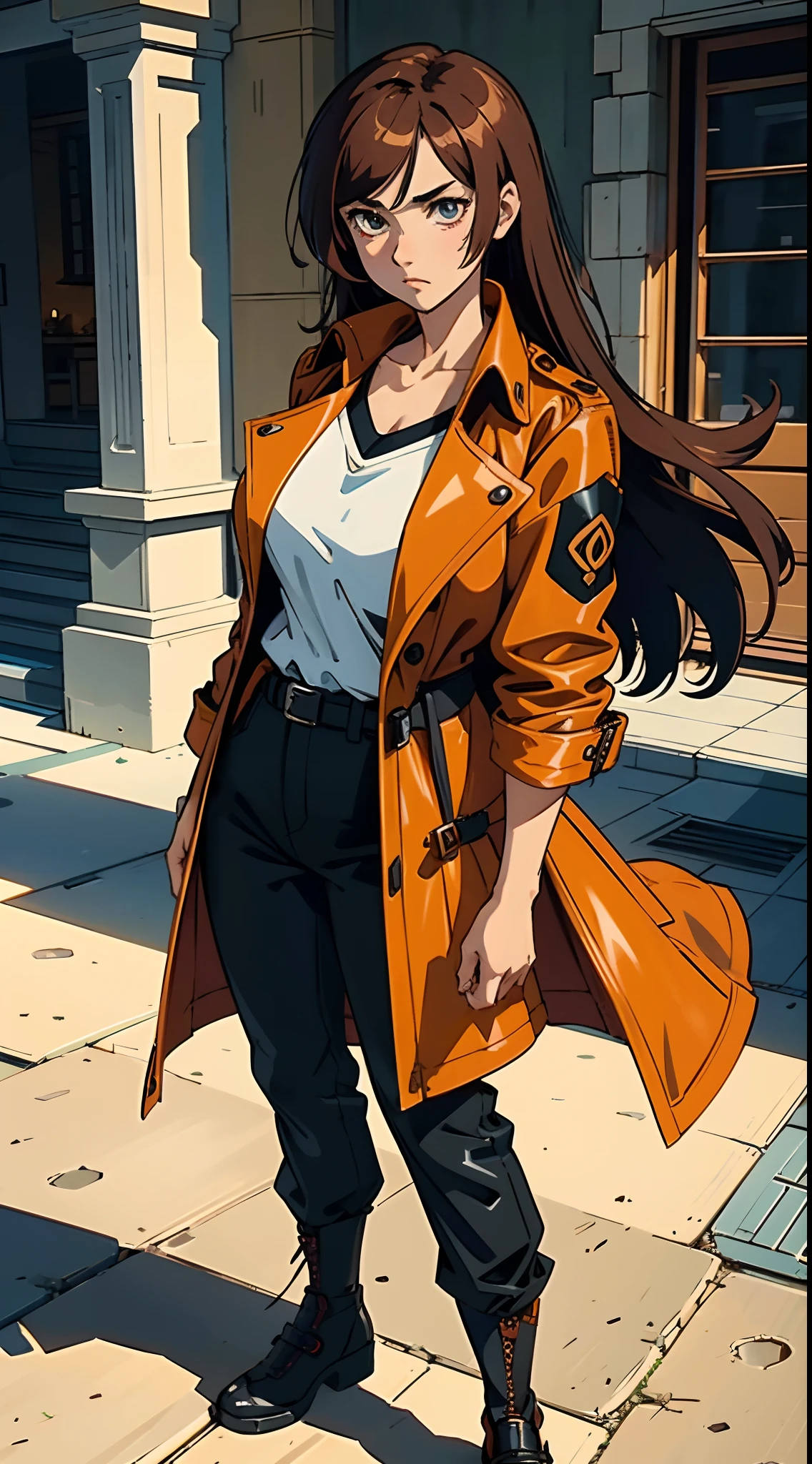 a beautiful woman with voluminous orange-brown long hair, featuring well-defined and deep facial features, her eyes emanate a resolute gaze, she is dressed in a form-fitting leather jacket and pants in shades of dark red and dark yellow, layered over her attire is a loose oversized trench coat, her movements convey an air of restlessness and unease, the character design portrays a punk-style character with a Japanese anime design, the artwork features finely detailed character design, showcasing a mature Japanese manga artistic style, ((character concept art)), high definition, best quality, ultra-detailed, extremely delicate, anatomically correct, symmetrical face, extremely detailed eyes and face, high quality eyes, creativity, RAW photo, UHD, 8k, (Natural light, professional lighting:1.2, cinematic lighting:1.5, best shadow), (masterpiece:1.5)