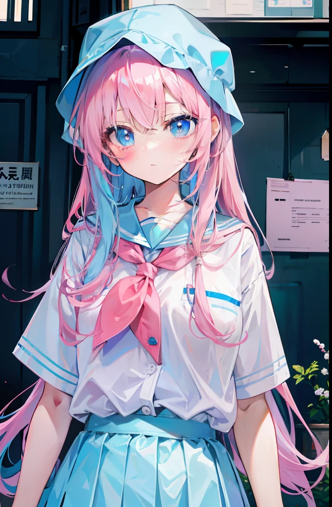 light pink colored hair,Powder-blue pupils,Wear a school uniform with a combination of pink and blue,Pure white girl