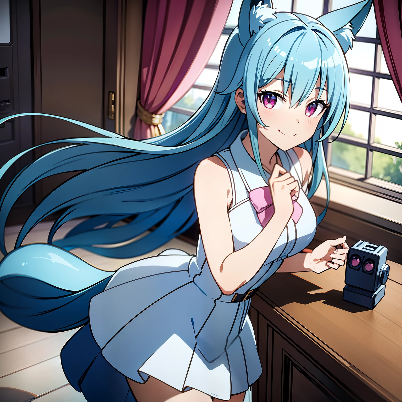 masterpiece, best quality, 8k, 1girl, solo, sexquisite hands, blue hair, blue fox ears, pink eyes, Left eye monocular eye mask, cute, smile