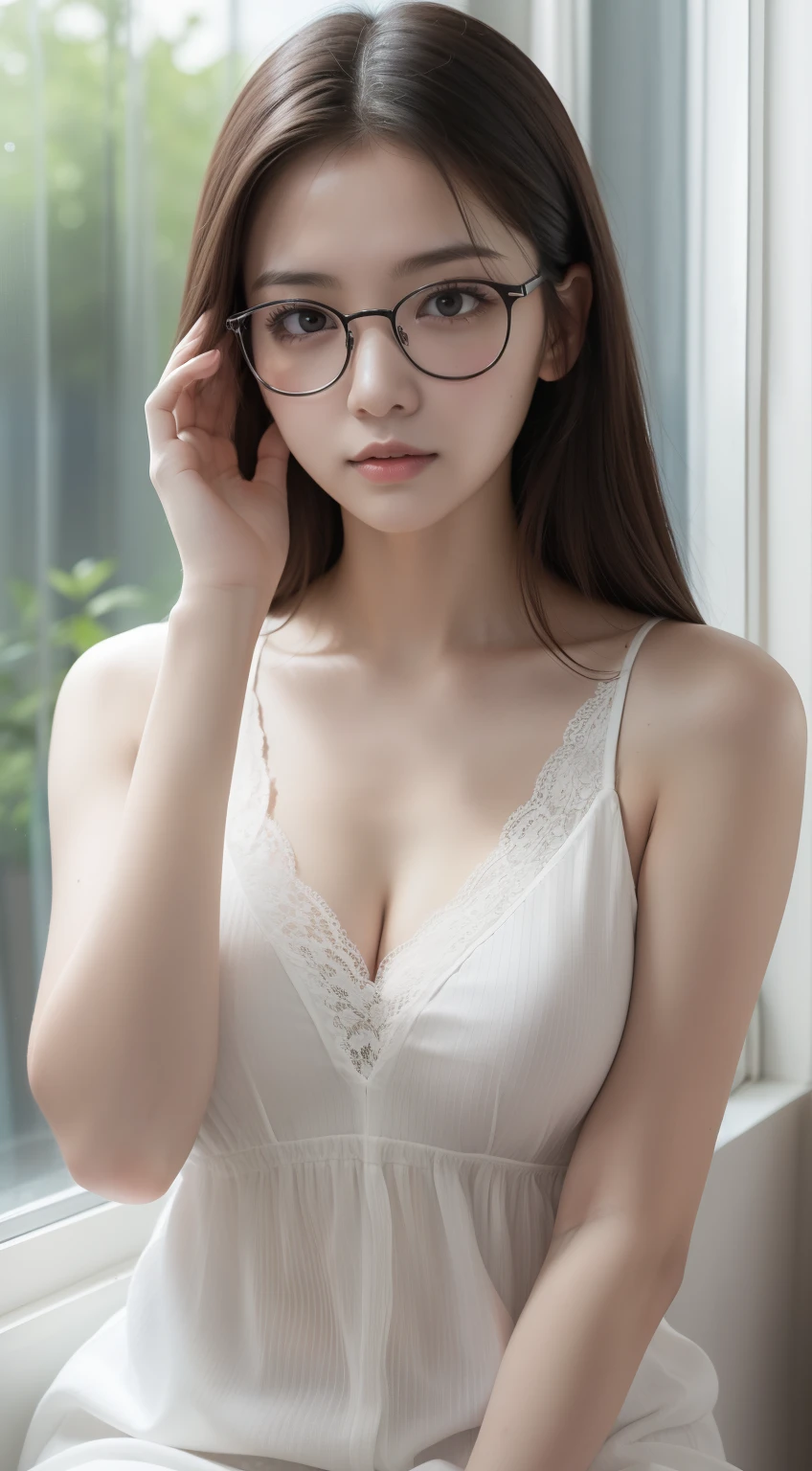masterpiece、8K、Raw photography、(reallistic:1.4)、High-definition mouth、The eyes are high definition、Shiny skin、big eye、Round face,Double eyes、Puffy eyes、Medium-breasted women, (Bob Hair:1.4)、Long、half-opened mouth、Provocative facial expressions、One lady、25-years old, selfee、sad Facial expression、Bold and obscene poses、huge window、sitting on、Hands behind the head、The upper part of the body、Woman with glasses、Lace curtains blowing in the wind、Woman in white tank top、Rough clothing、film grains、Movie Light、