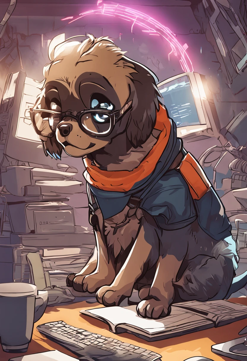 A bespectacled puppy who is eagerly programming