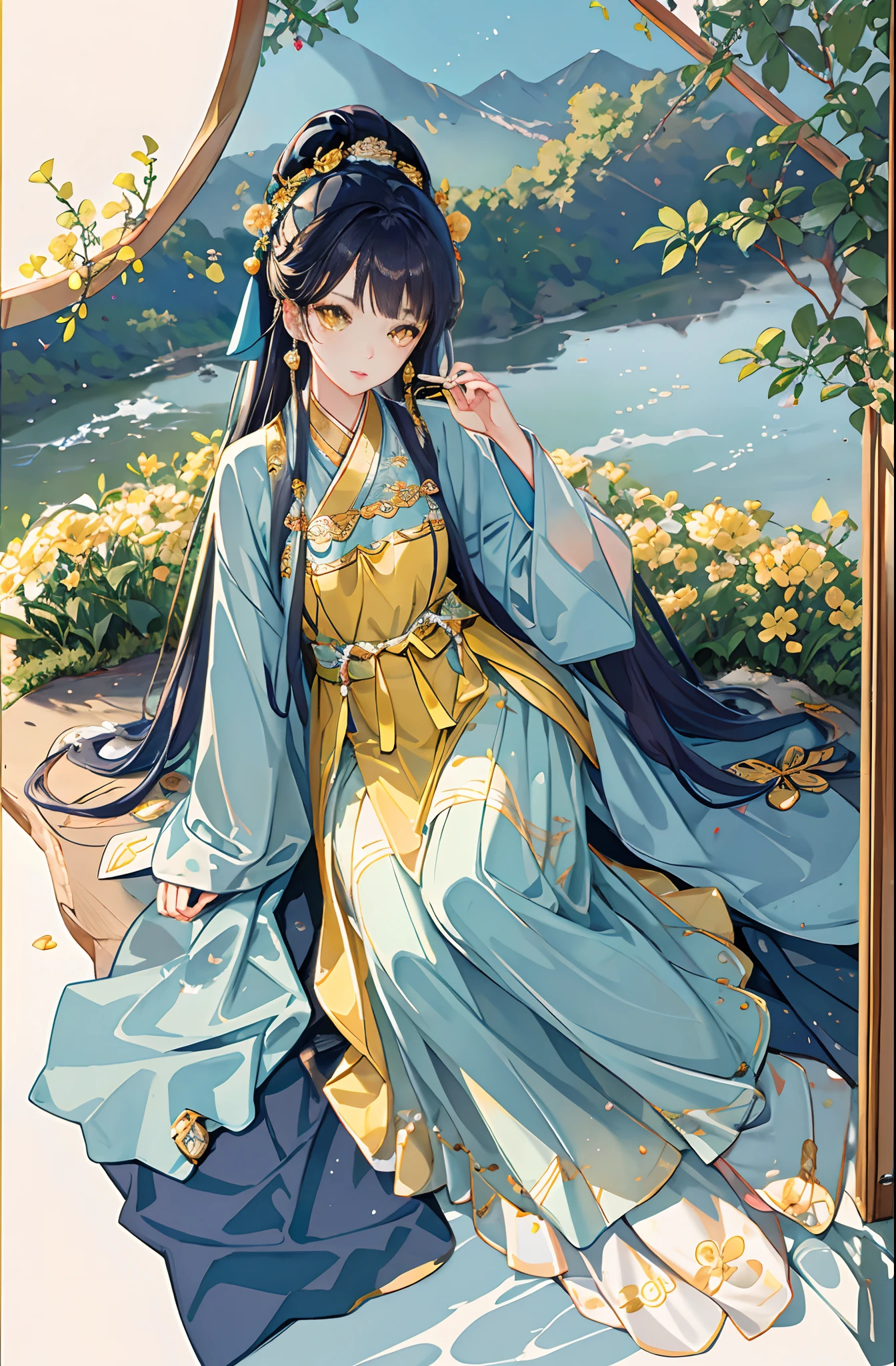 Best quality at best，Complicated details，A high resolution，（beautiful detailed  water：1.4），（Hanfu，Tang Feng），Yellow eyes，（Girl in a glass jar：1.1），drinking milktea