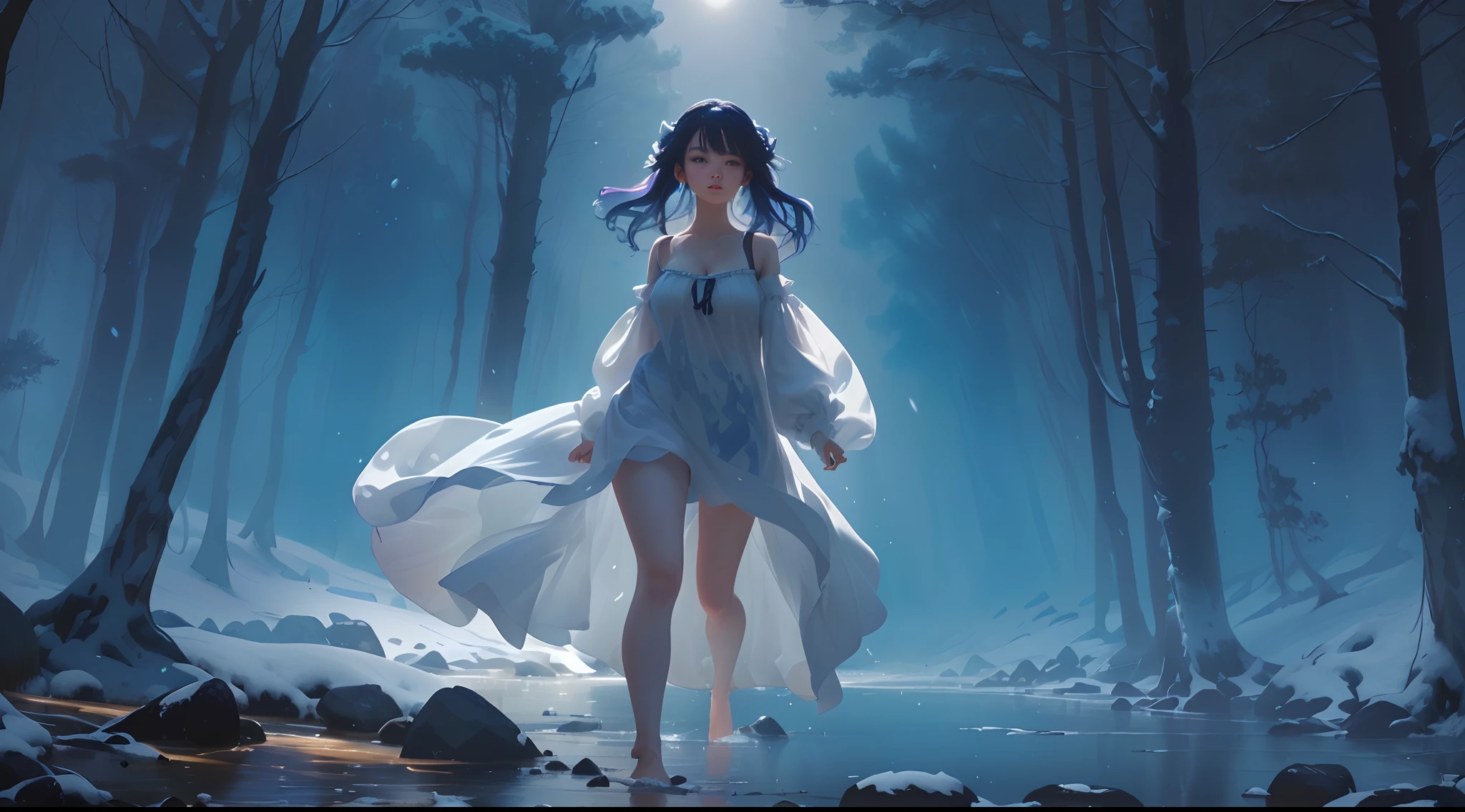 Motion blur, Depth of field，A place where strange boulders are bent，ln the forest，small stream，inverted image，extreme light，fog atmosphere，The moonlight shone on the side of the girl's face，22 year old，realisticlying，no-bra，vacuum，Extra-long sleeves，Off-the-shoulder attire，huge tit，cleavage，Full length of colorful hair（1.9），Gradient of color，Messy hair，Barefoot，Full body like，realskin，realcumAI，Snow-white skin，Snow-white thighs，Top image quality，Extreme light and shadow，Colorful tights，High details，Standing painting，lines of movement，Dance，komono，PC Wallpapers，Two-thirds of the canvas generates the body，move chart